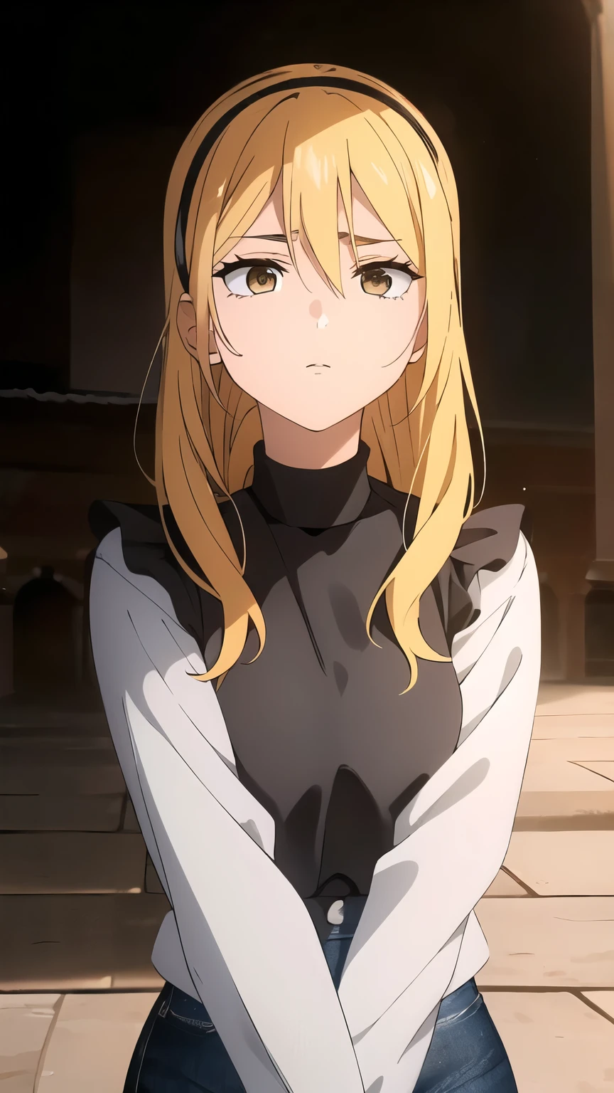 1 girl,  professional artwork,  famous work of art  ,  perfect face, (  burning brown eyes  :1),  a beautiful face ,  dark brown eyes , brown-eyed ,  in profile ,  blonde ,  yellow hair is fighting,  ulybka, black jacket ,  black denim jacket ,  black jeans ,  long yellow hair , black denim jacket ,  long hair,  High-resolution ,  blond hair ,  Backlight, Lens glare,  Best quality ,  masterpiece fails,  In detail,  Ultra high definition , Embarrassed,  simple background, Columnar background, lines of movement, 