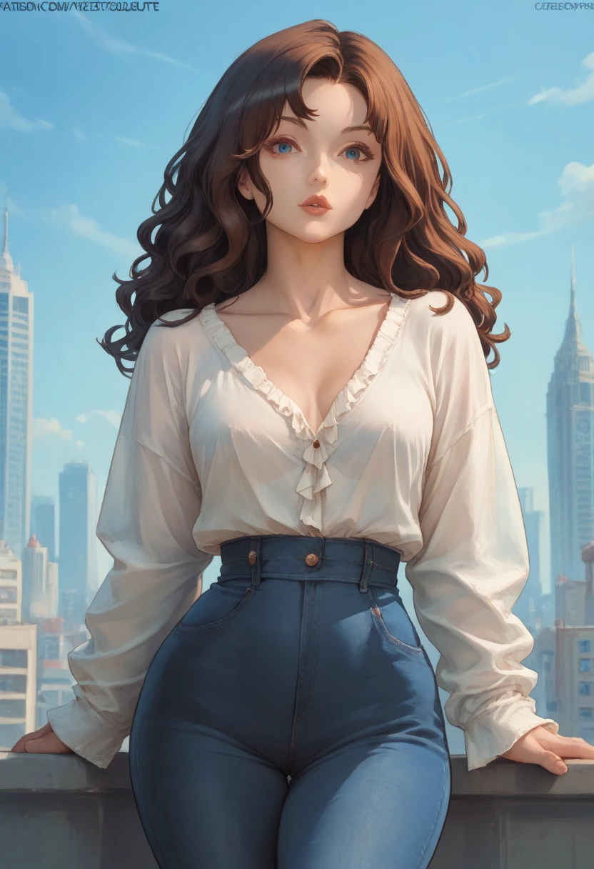 best quality, masterpiece, ultra-detailed, photorealistic, wavy hair, well-endowed, slim waist, wide hips, thick thighs, big gorgeous eyes, luscious lips, casual clothes, big city, anime realism by ayami kojima and donato giancola