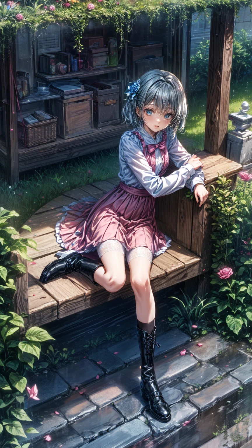 masterpiece, best quality, (ultra-detailed, 8k, uhd), (kawaii background:1.3), (extremely detailed, fine touch:1.3), (hard light, studio light, light rays, dappled light, reflection, shadows, ray tracing:1.0), pov, girl, white blonde short hair, full body, sky, cloud, flower, glass shoes, (clover, flowers:1.3), (sitting, legs apart:1.3), <lora:EMS-179-EMS:0.600000>