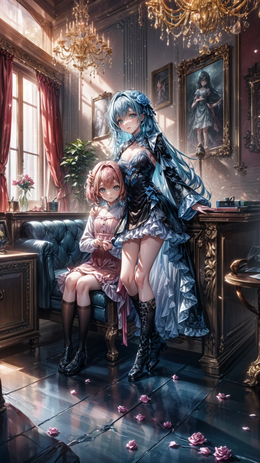 ( masterpiece : 1.2), (  very detailed: 1.2), (  very detailed CG: 1.2), (  high image quality: 1.2), (最  high image quality), 8k,  Animated Illustrations , 、  beautiful girl、とてもcute天使、  pink gothic dress 、cute、、smile、  Long Skirt、 Black long boots 、Grey-pink pants ，Turquoise eyes，cute女性 ，street， Candy Store ， sign，European Buildings，Slate pavement，Rose flower，
