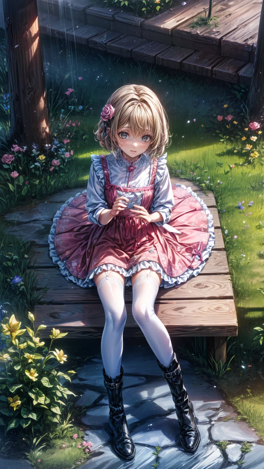 ( masterpiece : 1.2), (  very detailed: 1.2), (  very detailed CG: 1.2), (  high image quality: 1.2), (最  high image quality), 8k,  Animated Illustrations , 、  beautiful girl、とてもcute天使、  pink gothic dress 、cute、*********、smile、  Long Skirt、 Black long boots 、Grey-pink pants ，Turquoise eyes，cute女性 *****，street， Candy Store ， sign，European Buildings，Slate pavement，Rose flower，
