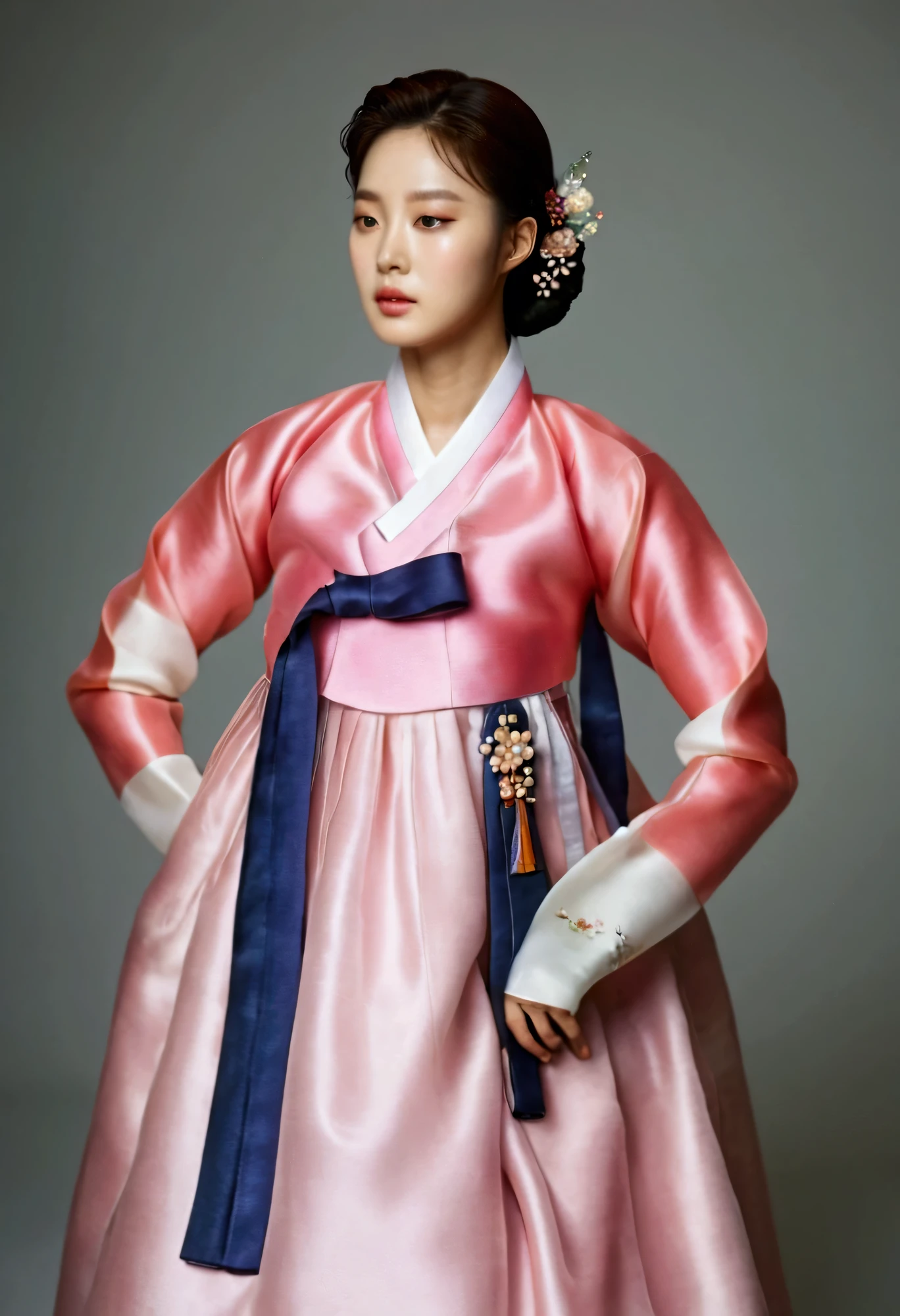  A Korean man is wearing a women's hanbok ,  He's a female man ,  His chest has big breasts like a woman,  His face is very masculine ,  His hair is very short like a man,  A luxurious woman's hanbok made of silk , Shiny satin hanbok ,  pink and white