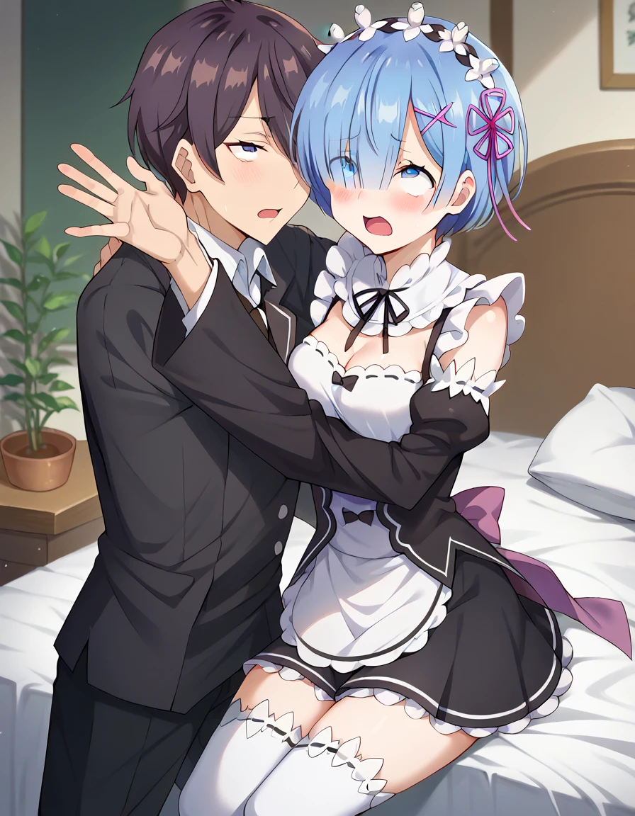 score_9, score_8_up, score_7_up,  source_Anime, 1 male,(Kuze Masachika )1 female(rezeroRem),((My chest clothes are rolling up and my boobs are sticking out)) man has sex with woman ,  man is hugging a woman and each other,Rem,  blue eyes,  blue hair,  hair ornament ,  hair on one eye, hair ribbon,  short hair, x  hair ornament ,  embarrassed expression,
 apron, black ribbon, black  skirt, Black Sleeves,  Detached Color ,  Detachable Sleeves , flower, frilled  apron, frilled  skirt, frills, Head Wreath,  Long Sleeve , Maid, mini skirt, neck ribbon, purple ribbon, ribbon, ribbon trim, ribbon-trimmed sleeves, roswaal mansion Maid uniform,  short hair,  skirt,  Thigh High Socks, waist  apron, white  apron, white  Thigh High Socks,
indoor,  bed, On the back, arm support, arms up, incoming hug, throw, Reaching , Reaching  towards viewer,,  Dutch Angle,  Cowboy Shots,