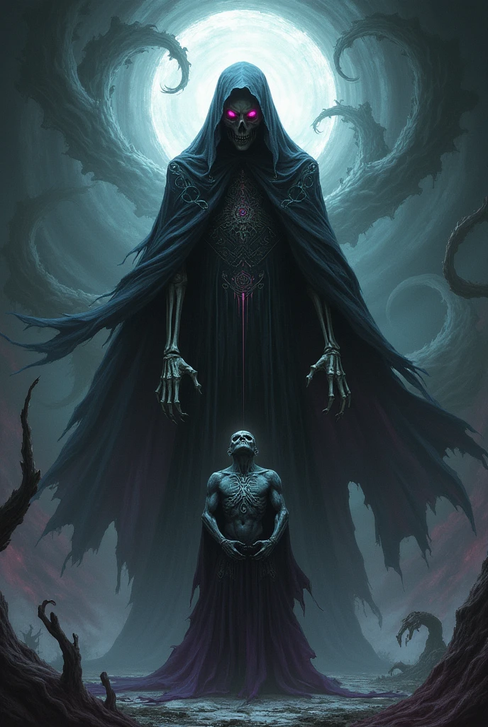 an undead sorcerer with a skeletal head in a black robe looking above them with two arms raised with skeletal hands conducting a swirl of houshold object flying in a circle above them. an ancient pyromancer casting fire magic, magic, HD, highly detailed, beautiful, aesthetically pleasing, full body, charred black and red robes, Philippe Druillet and by Laurie Greasley and by Junji Ito, undead, epic composition, hyperdetailed dark fractalpunk psychedelic fantasy, , boss fight inspired by Bloodborne combat , Luminogram Vitreous enamel Paper cutout by Nan Goldin and by Sandy Skoglund , hdr, unreal engine, 2D vector digital illustration, manga comic page , an ominous god mage casting powerful life magic by Laurie Greasley and by Junji Ito, celestialpunk , 8k