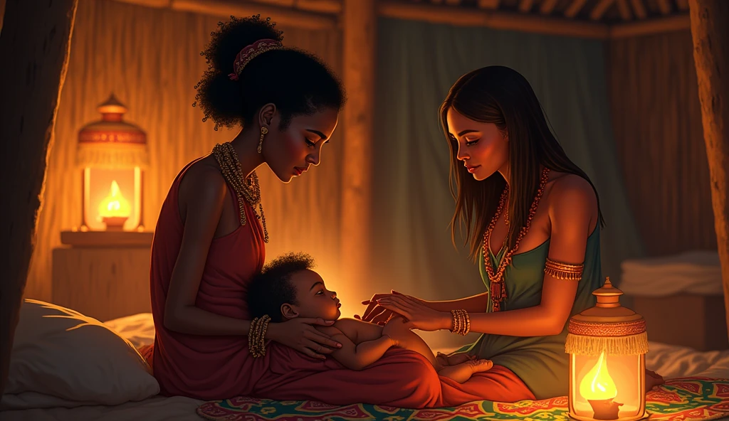 Devaki vasudev and lord krishna in prison of jail in slow light of lamp 