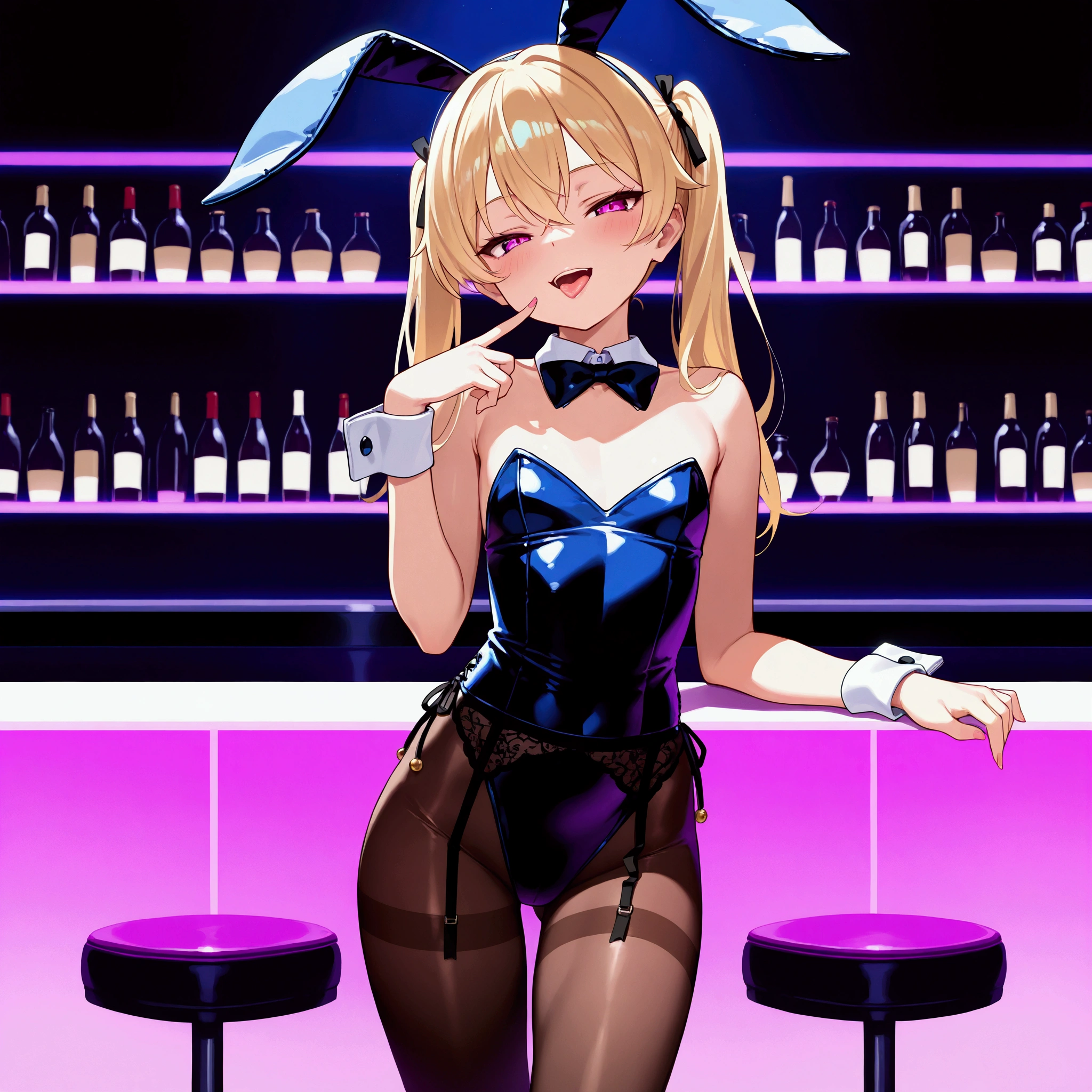 mesugaki, bunny girl, playboy bunny girl costume, twintail, blonde hair, seductive smile, flat chest, finger to tongue, open mouth, counter bar, chair, thighband pantyhose, garter belt, cowboy shot, (best quality,4k,8k,highres,masterpiece:1.2),ultra-detailed,intricate details, high fashion, dramatic lighting, warm colors, chiaroscuro