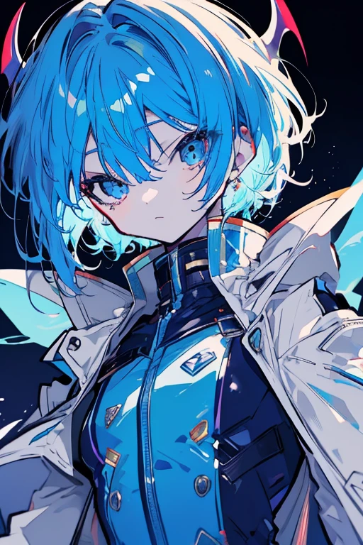 anime style boy, short blue hair down to his neck, with bangs, brown skin, brown eyes 