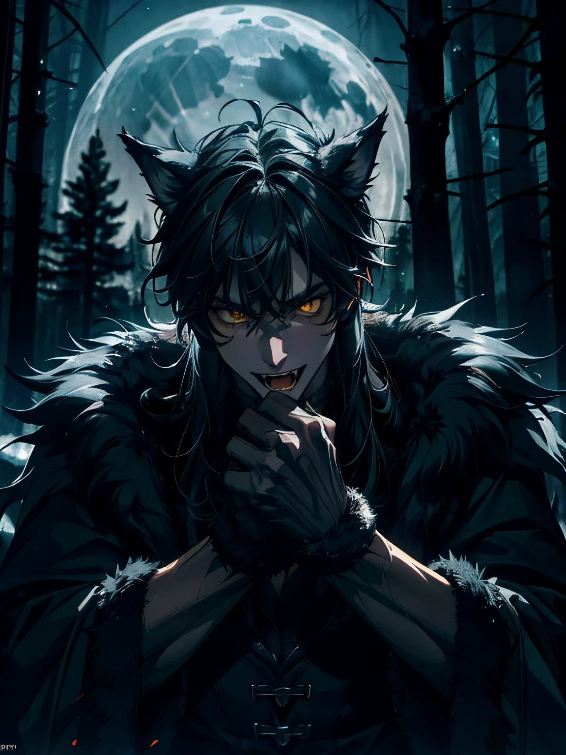 a werewolf, detailed werewolf face and body, sharp fangs, glowing yellow eyes, clawed hands, fur covering body, forest background, moonlight, detailed fur texture, highly detailed, cinematic lighting, dark moody colors, dramatic shadows, photorealistic