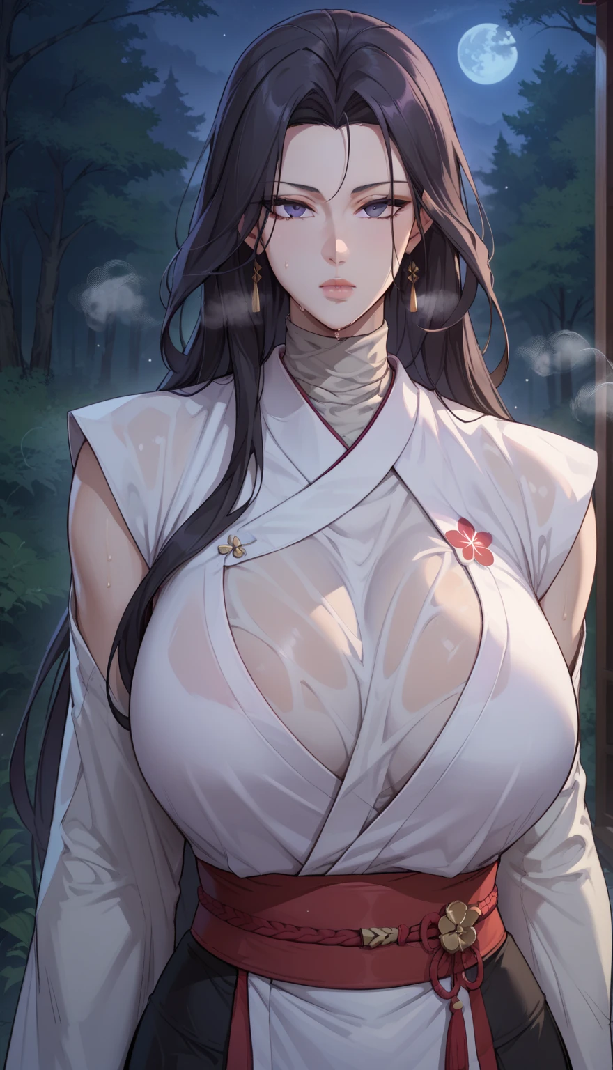 ((masterpiece)), Highest quality, Very detailed, master piece, best quality, score_9, score_8_up, score_7_up, score_6_up, source_anime, rating_explicit, 1girl, (solo:1.1), huge breasts, long hair, black hair, purple eyes, japanese clothes, white kimono, turtleneck, long sleeves, long skirt, expressionless, Narrow shoulders, heavy breathing, steaming body, night, forest, outdoors, looking at viewer, nsfw, wet clothes, transparent, upper body,