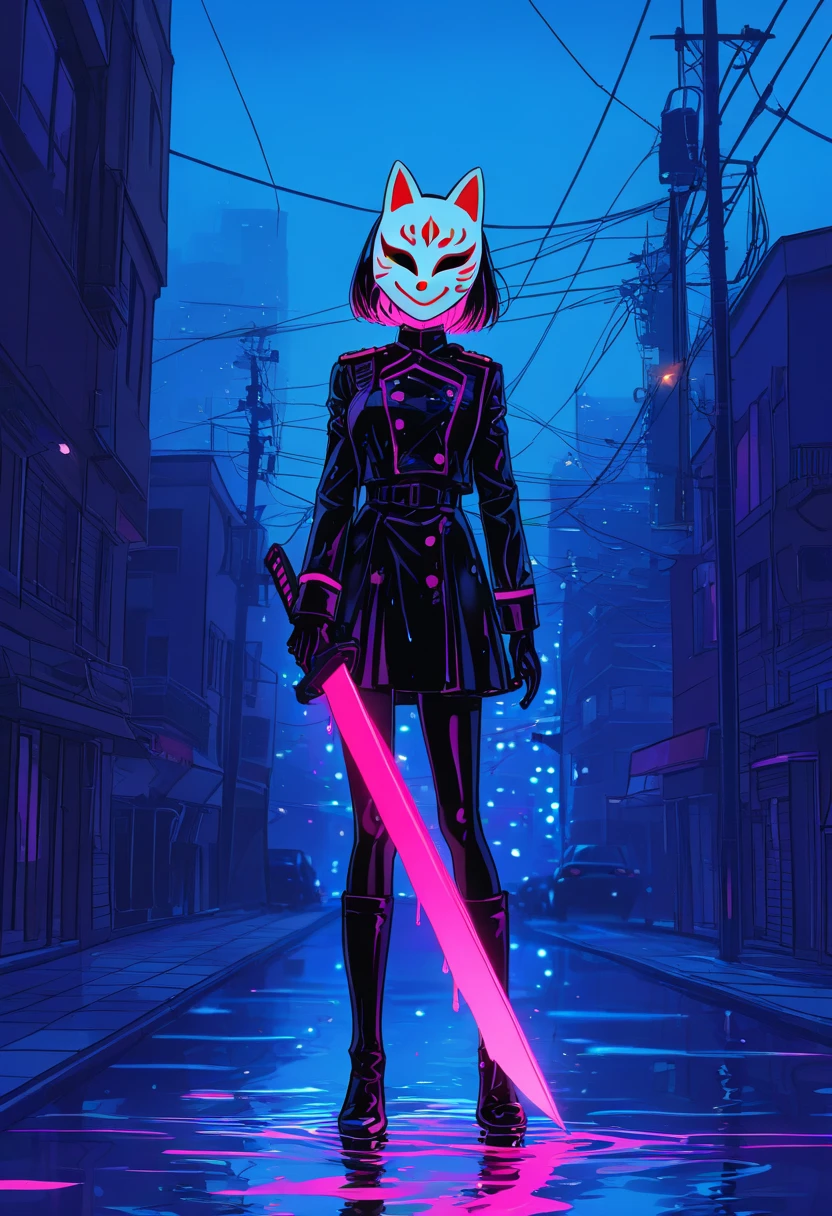 Retro_neon, 
masterpiece,  top quality,   Stunning and Dynamic Anime-style Characters  ,  Fox Mask ,   uniform with flowing details set against a dramatic night scene ,  Wielding a Glowing Sword  ,   Futuristic Urban Coastline Seen in the Distance  . Reflective wet ground mirroring the intense neon lights,  Cinematic HDR Lighting ,  Color Difference,   Highlights the Action with Flowing Details Motionline  ,   Brilliant Color Contrast  , Hazy atmosphere,   Futuristic Urban Coastline Seen in the Distance  ,  Intricate Design Polarizing Effects  ,  強いneonライト {x}  Reflective Wet Ground Projecting Dark Moody Themes 、 Projected in an Inspiring and Enchanting Composition 
, masterpiece,  top quality,  GREAT QUALITY, Very aesthetic,  absurd,  up to date, scenery