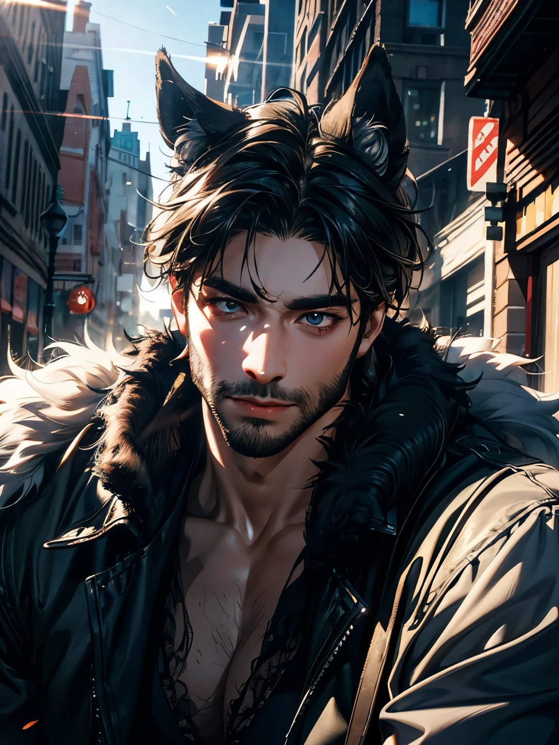 a handsome werewolf in the afternoon sunlight, highly detailed face and eyes, beautiful fur, dynamic pose, realistic 3d render, cinematic lighting, photorealistic, 8k, award winning digital art