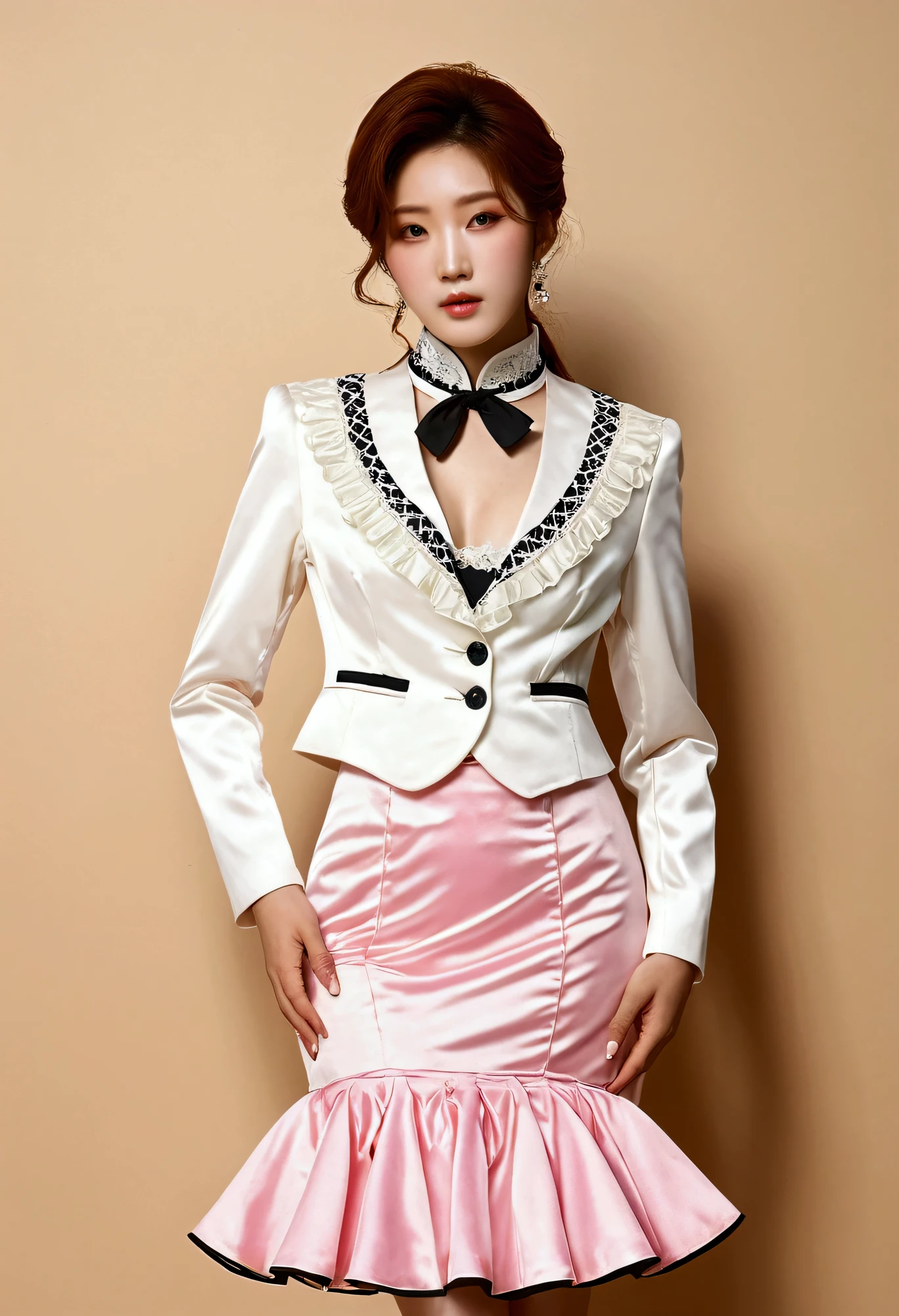 A Korean man is wearing a ladies' skirt suit, a beautiful skirt suit, he is a crossdresser, he has big breasts on his chest like a woman's, his face is very masculine, his hair is masculine short, pink and white, frills and lace. Decoration, lady's dress, two-piece, cropped jacket, small jacket, round neck jacket, China collar jacket, mermaid dress