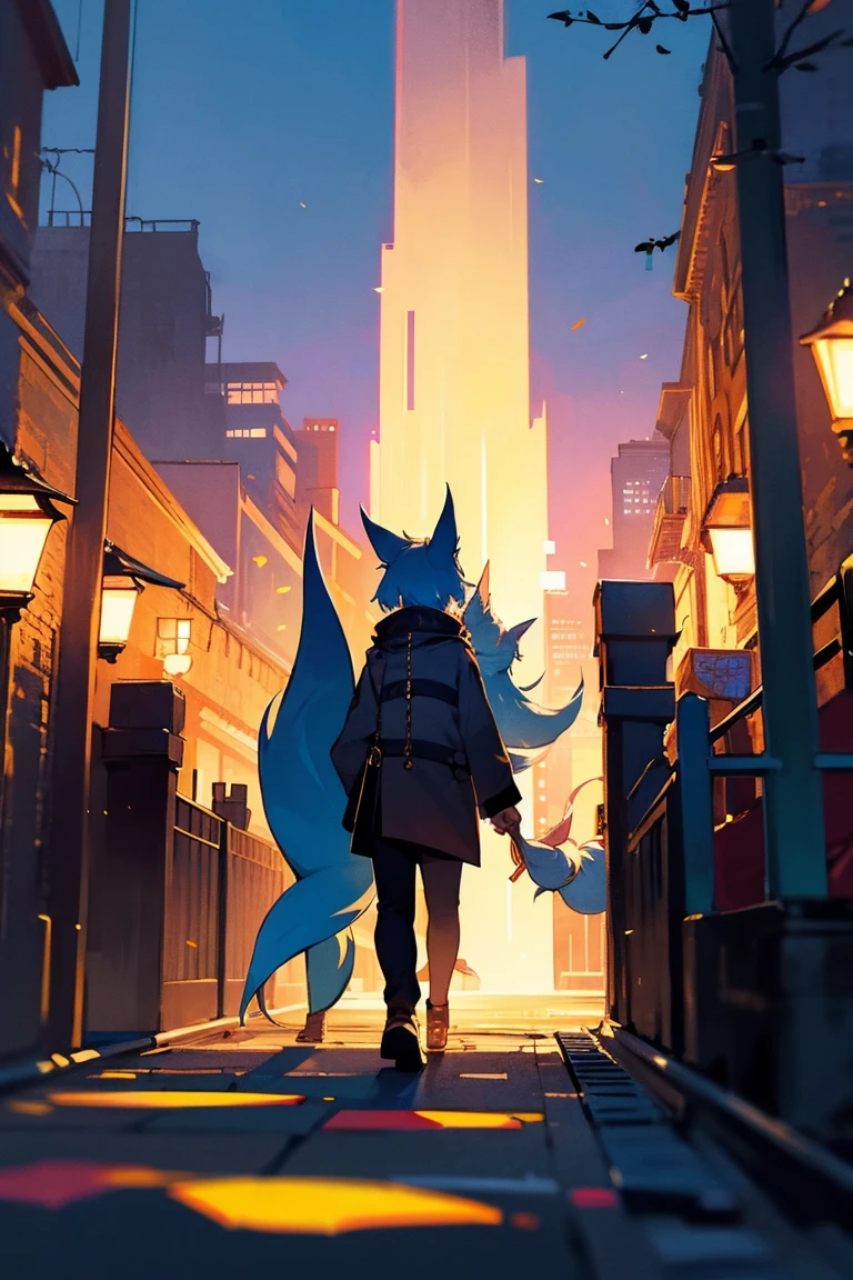 Chica Kitsune and human man,  walking around the fantasy city, de noche 