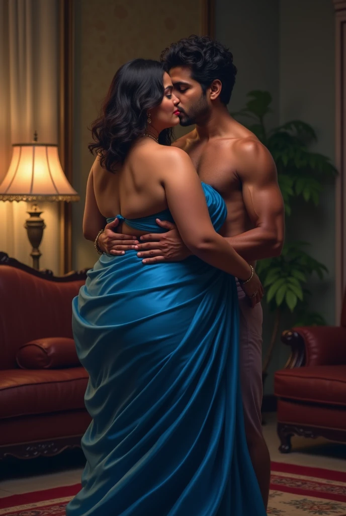 , Muscular, 60 year old man with short brown hair passionately embracing and kissing a radiant, full-figured South Indian woman in a off white silky saree in a bedroom setting with vibrant colors and intricate details. Full body shot., graphic illustration, comic art graphic novel art, highly detailed, vintage sepia, film effect, blurry, muted colors, long exposition motion blur