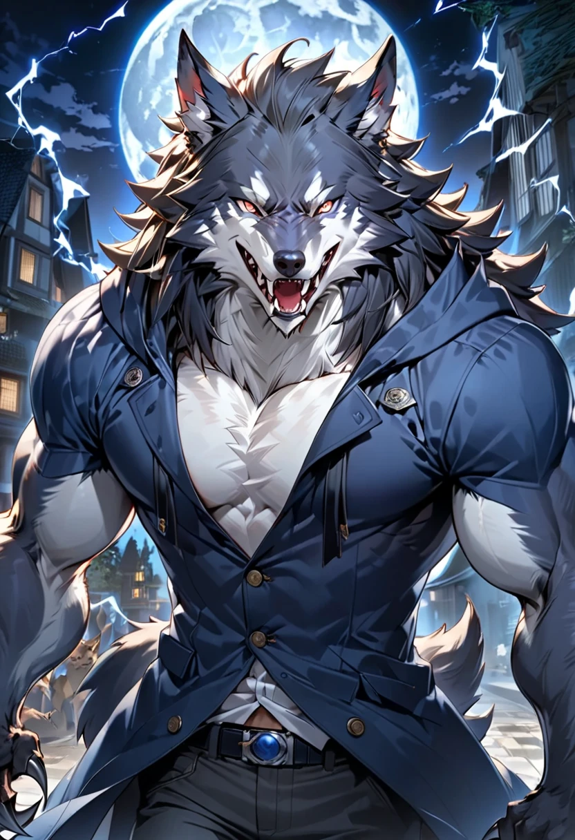 A smart and handsome werewolf"Asuka" , Half-beast form : The beast's ears grow, the tip of the jaw turns into a wolf, and grows sharp claws(( motion blur :2.0 ,  Blurred Background)) , Dark blue coat with a velvety luster ,metamorphose action hero