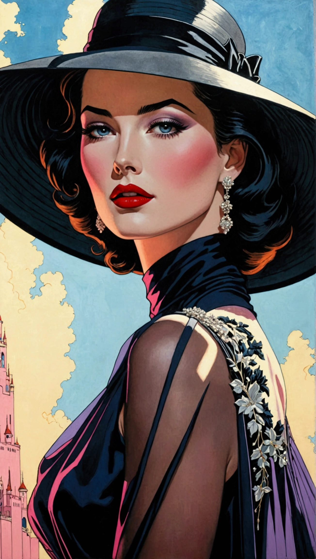 Create a stunning masterpiece depicting a woman in 1950s style, wearing a flowing, very long dress that exudes a dreamy and magical aura. She should have glamorous makeup, including striking red lipstick, and wear a wide-brimmed black hat. The character should embody an ethereal quality reminiscent of Lady Dimitrescu, with a pale complexion that contrasts against a soft colorful background. 

The artwork should reflect the distinctive style of Patrick Nagel, showcasing beautiful, highly detailed painting techniques. Pay special attention to the intricate slopes of the dress, the detailed features of her face, and the captivating depth of her eyes. Capture the essence of a modest model shoot with professional photography quality, blending elements of synthwave and androgyny. The final image should be in 8K resolution, conveying high quality and award-winning artistry, with a focus on short hair that adds to her unique charm.