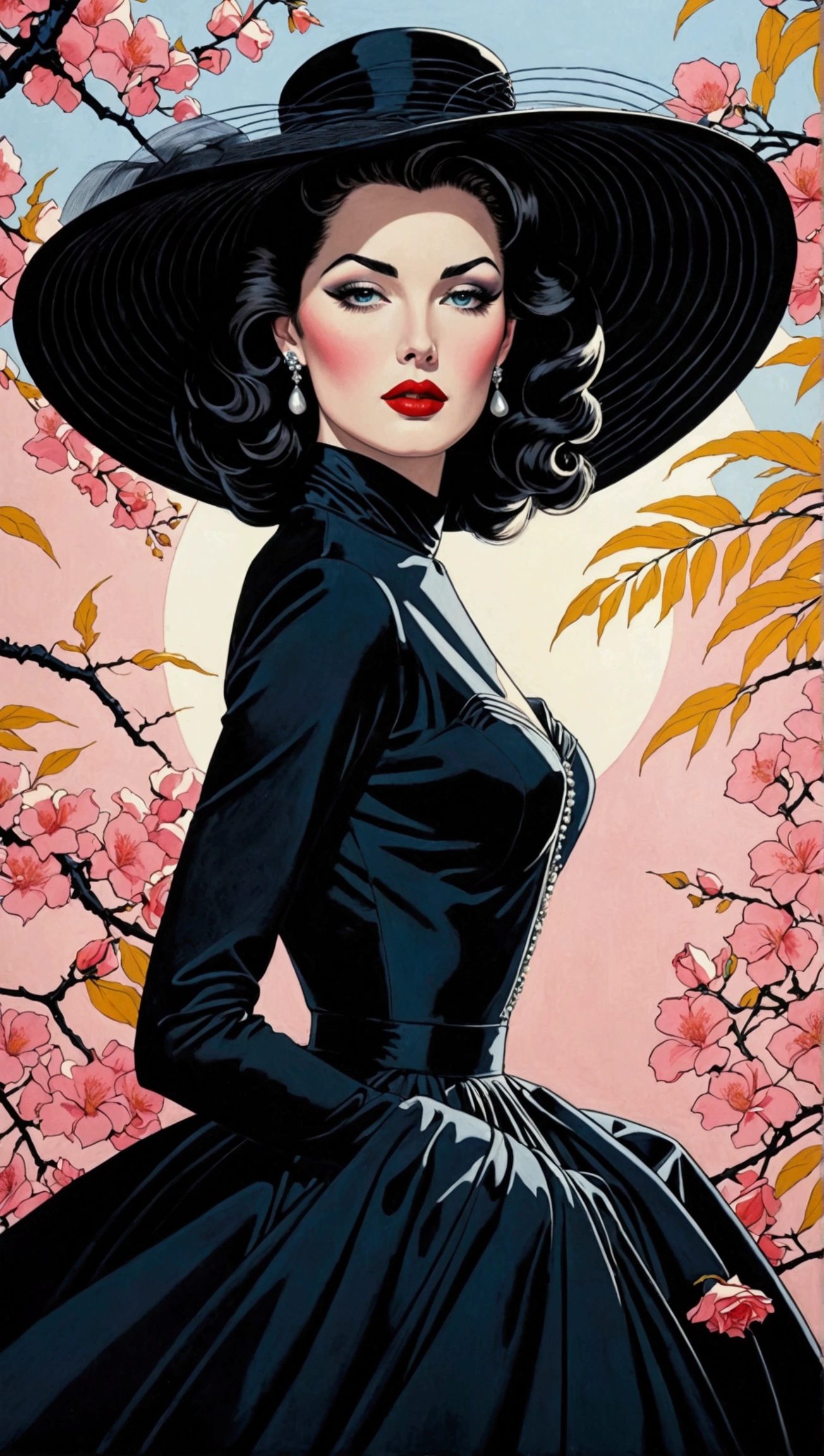 Create a stunning masterpiece depicting a woman in 1950s style, wearing a flowing, very long dress that exudes a dreamy and magical aura. She should have glamorous makeup, including striking red lipstick, and wear a wide-brimmed black hat. The character should embody an ethereal quality reminiscent of Lady Dimitrescu, with a pale complexion that contrasts against a soft colorful background. 

The artwork should reflect the distinctive style of Patrick Nagel, showcasing beautiful, highly detailed painting techniques. Pay special attention to the intricate slopes of the dress, the detailed features of her face, and the captivating depth of her eyes. Capture the essence of a modest model shoot with professional photography quality, blending elements of synthwave and androgyny. The final image should be in 8K resolution, conveying high quality and award-winning artistry, with a focus on short hair that adds to her unique charm.