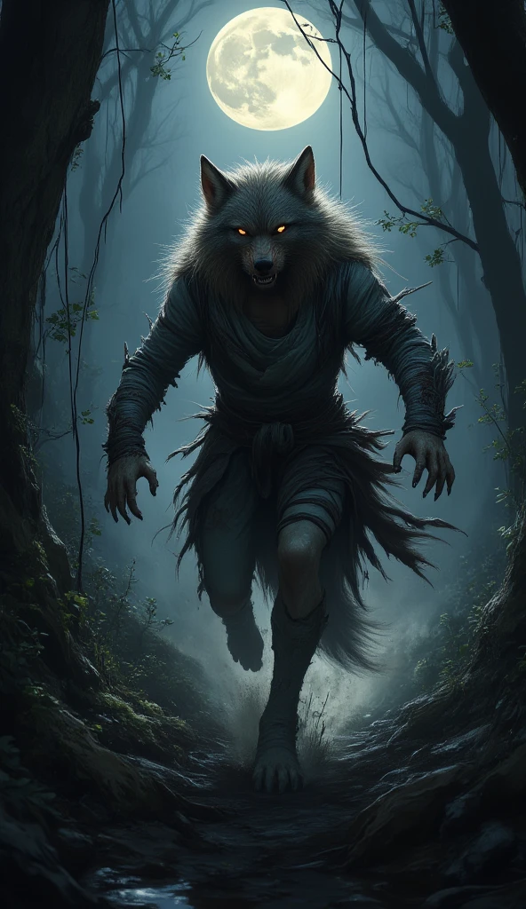 (masterpiece:1.2, best quality), 1lady, solo, female werewolf, torn clothes, wounded, running away from Hunters, midnight, full moon, masterpiece, detailed, Immersive fantasy background of Dark forest, midjourneyv6.1