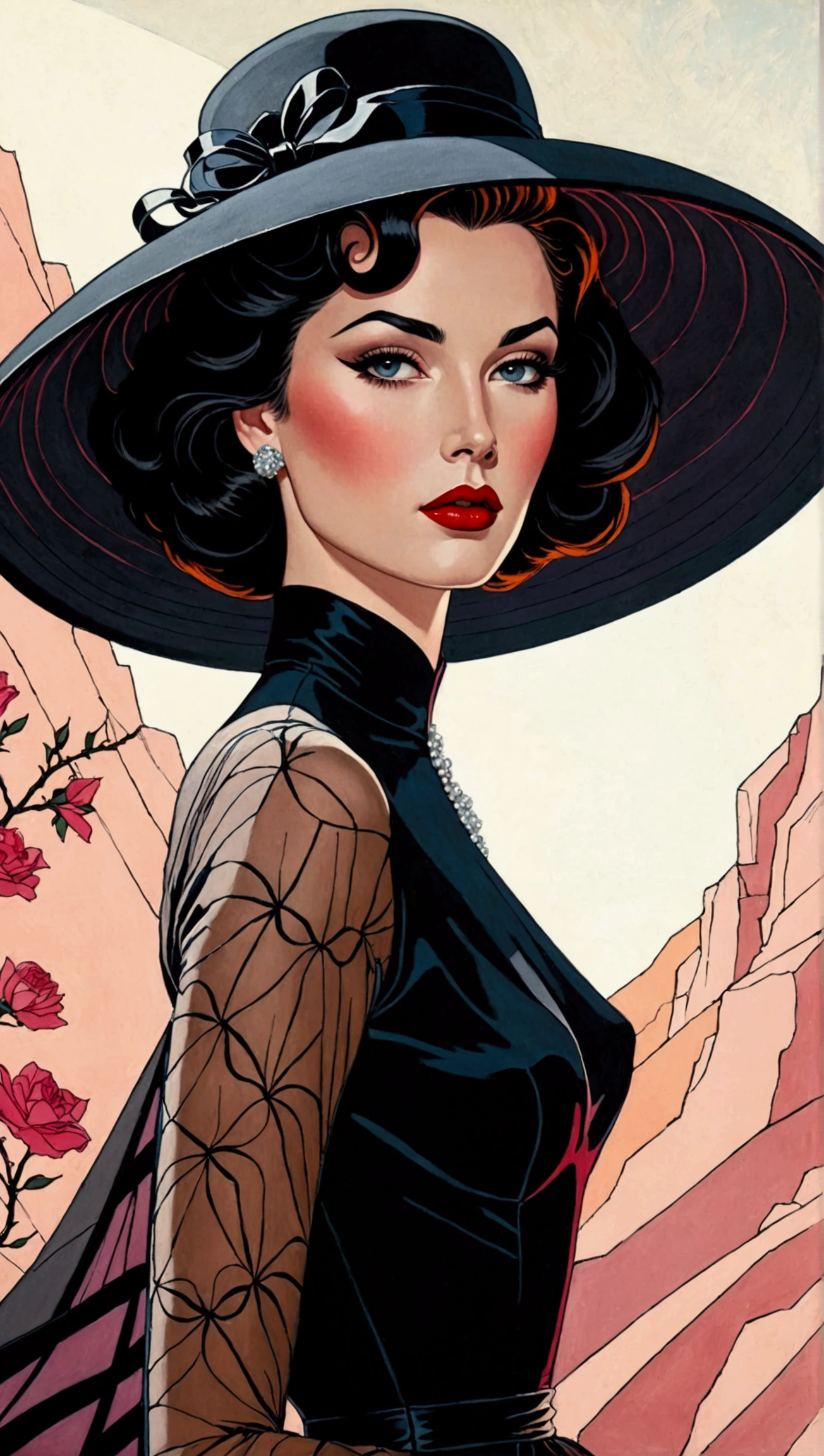 Create a stunning masterpiece depicting a woman in 1950s style, wearing a flowing, very long dress that exudes a dreamy and magical aura. She should have glamorous makeup, including striking red lipstick, and wear a wide-brimmed black hat. The character should embody an ethereal quality reminiscent of Lady Dimitrescu, with a pale complexion that contrasts against a soft colorful background. 

The artwork should reflect the distinctive style of Patrick Nagel, showcasing beautiful, highly detailed painting techniques. Pay special attention to the intricate slopes of the dress, the detailed features of her face, and the captivating depth of her eyes. Capture the essence of a modest model shoot with professional photography quality, blending elements of synthwave and androgyny. The final image should be in 8K resolution, conveying high quality and award-winning artistry, with a focus on short hair that adds to her unique charm.