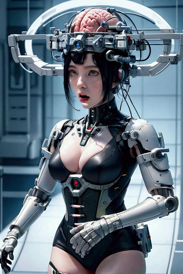 An android woman standing with her legs open, a machine body, a brainwashing device on her head, white eyes, and a member of Ghost in the Shell. Open your mouth and stick out your tongue 