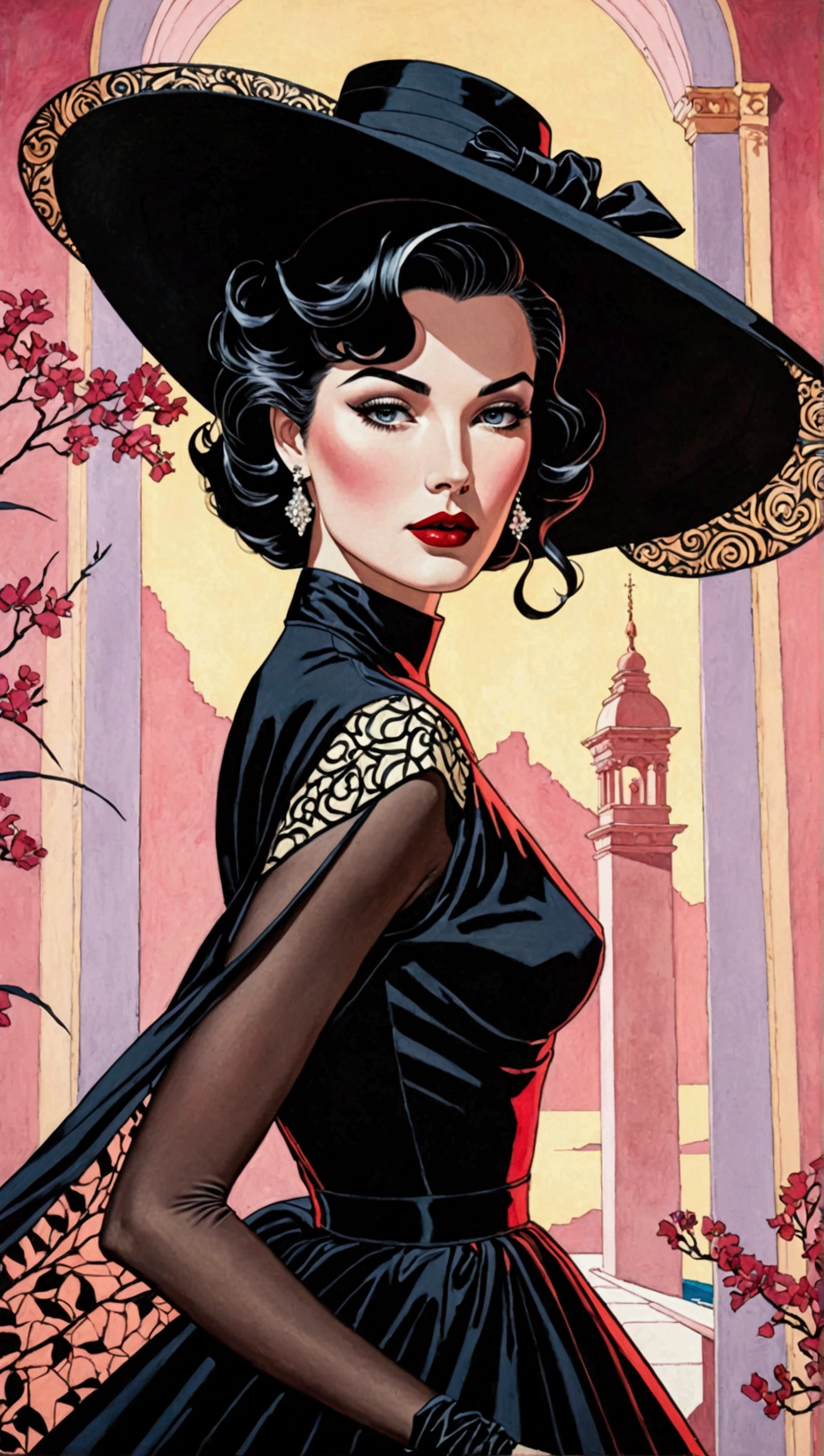 Create a stunning masterpiece depicting a woman in 1950s style, wearing a flowing, very long dress that exudes a dreamy and magical aura. She should have glamorous makeup, including striking red lipstick, and wear a wide-brimmed black hat. The character should embody an ethereal quality reminiscent of Lady Dimitrescu, with a pale complexion that contrasts against a soft colorful background. 

The artwork should reflect the distinctive style of Patrick Nagel, showcasing beautiful, highly detailed painting techniques. Pay special attention to the intricate slopes of the dress, the detailed features of her face, and the captivating depth of her eyes. Capture the essence of a modest model shoot with professional photography quality, blending elements of synthwave and androgyny. The final image should be in 8K resolution, conveying high quality and award-winning artistry, with a focus on short hair that adds to her unique charm.