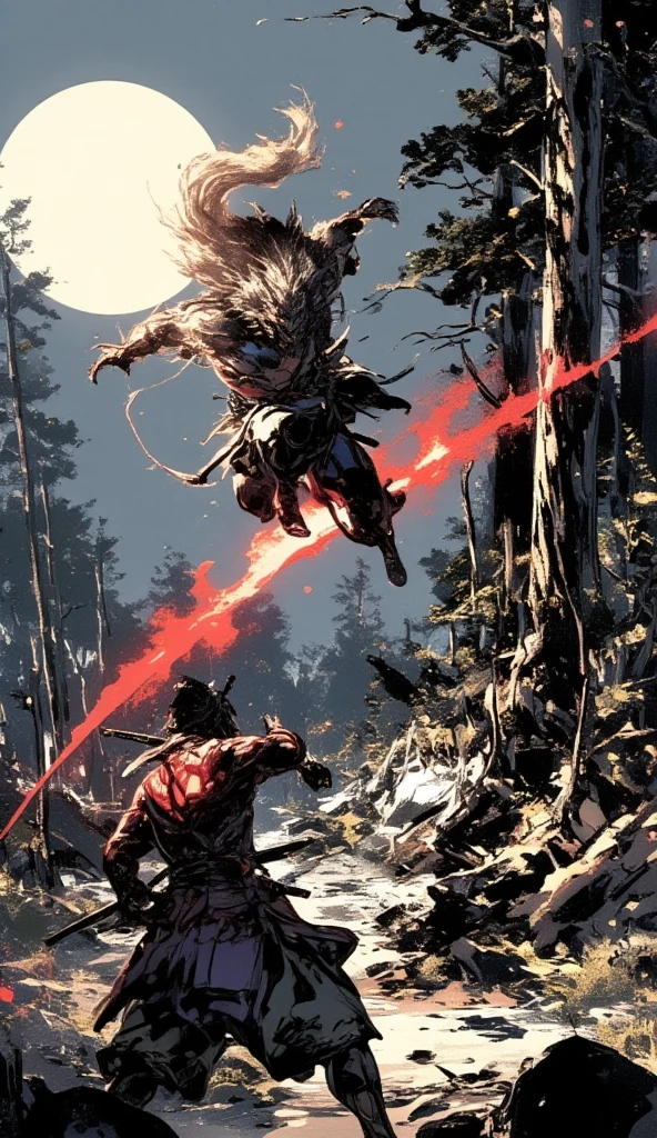 A samurai with a katana fights a giant werewolf in the forest. The samurai's back is facing the viewer, while the giant werewolf can be seen jumping high in the air above the samurai, with its claws swiping down. The glaring red trail of its claws swipe is visible. Some trees have claw marks and are chopped down from the fight. Up in the sky, the full moon shines brightly from afar. 