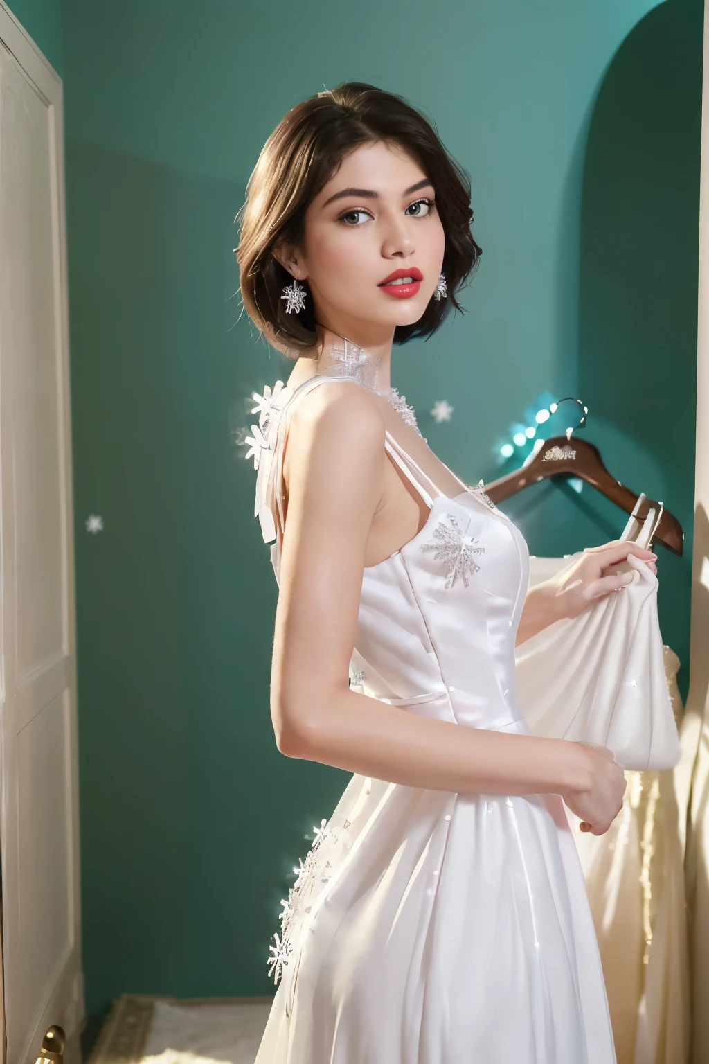 (shoulder-length straight bob hair:1),（Extremely meticulous CG),(((8k))),wallpaper,(Extremely refined and beautiful),(Masterpiece:2.0），（best qualtiy:2.0），（Ultra High Resolution:2.0),beautiful light up，Perfect lightning,realistic shaded，[A high resolution],(Smooth and flawless fair skin:1.5),Extremely exquisite facial details,ultra - detailed,A  girl,small head,small face,clear face,Exquisite makeup,red lips,Close Shot,at home,(in the clothing room:1.2),(Standing next to a wardrobe:1.3),(many women's clothing hanging in the wardrobe:1.2),(laughing:1.2),(perfect body:1.1),small breasts,flat chest,slim,thin,(Maxi gorgeous white princess evening dress made of Snowflake shaped crystals:1.5),(femal orgasmic:1.5),(blush:1.3),ahegao,cowboy shot,portrait,from back,day scene,dim light,blue green wall