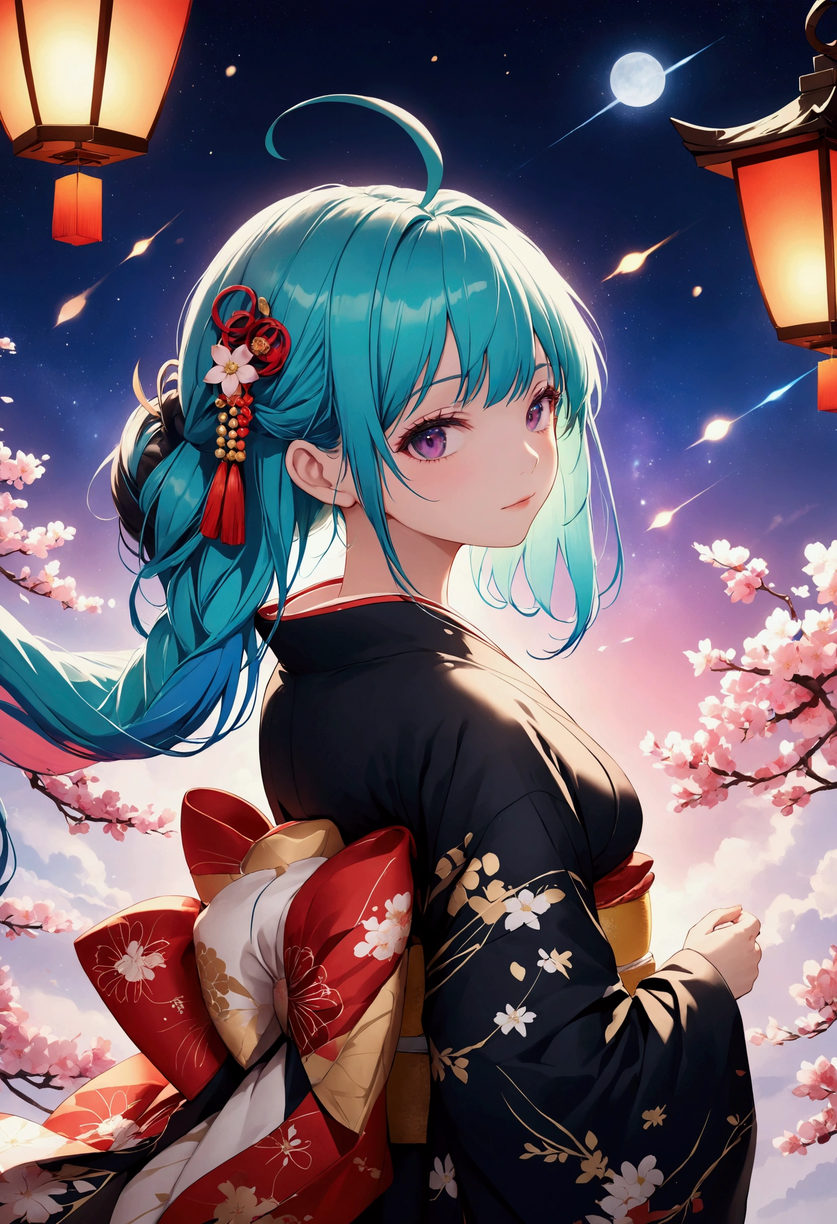 masterpiece, best quality, highres, 1girl 22 ahoge hair ornament, kimono