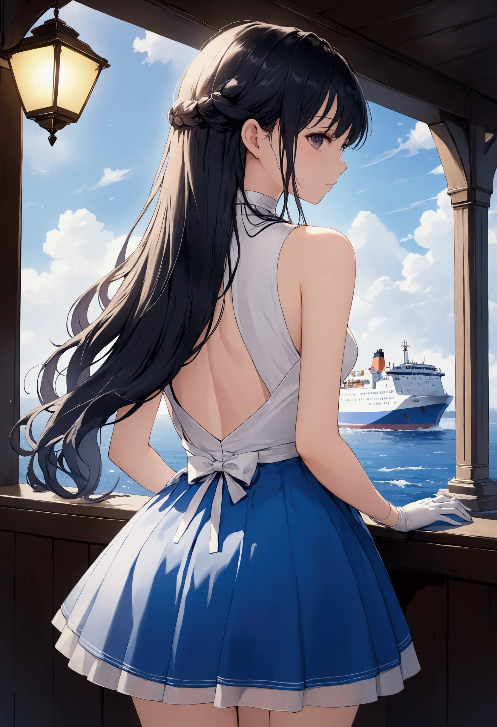 (( top quality))、((Masterpiece))、((1girl))、solo、ferry、(( long hair on background))、ferryベース、(Thigh height))、 shoulder out、(gem))、( sleeveless))、 white dress、 blue skirt、(gloves))、Thigh height、 。