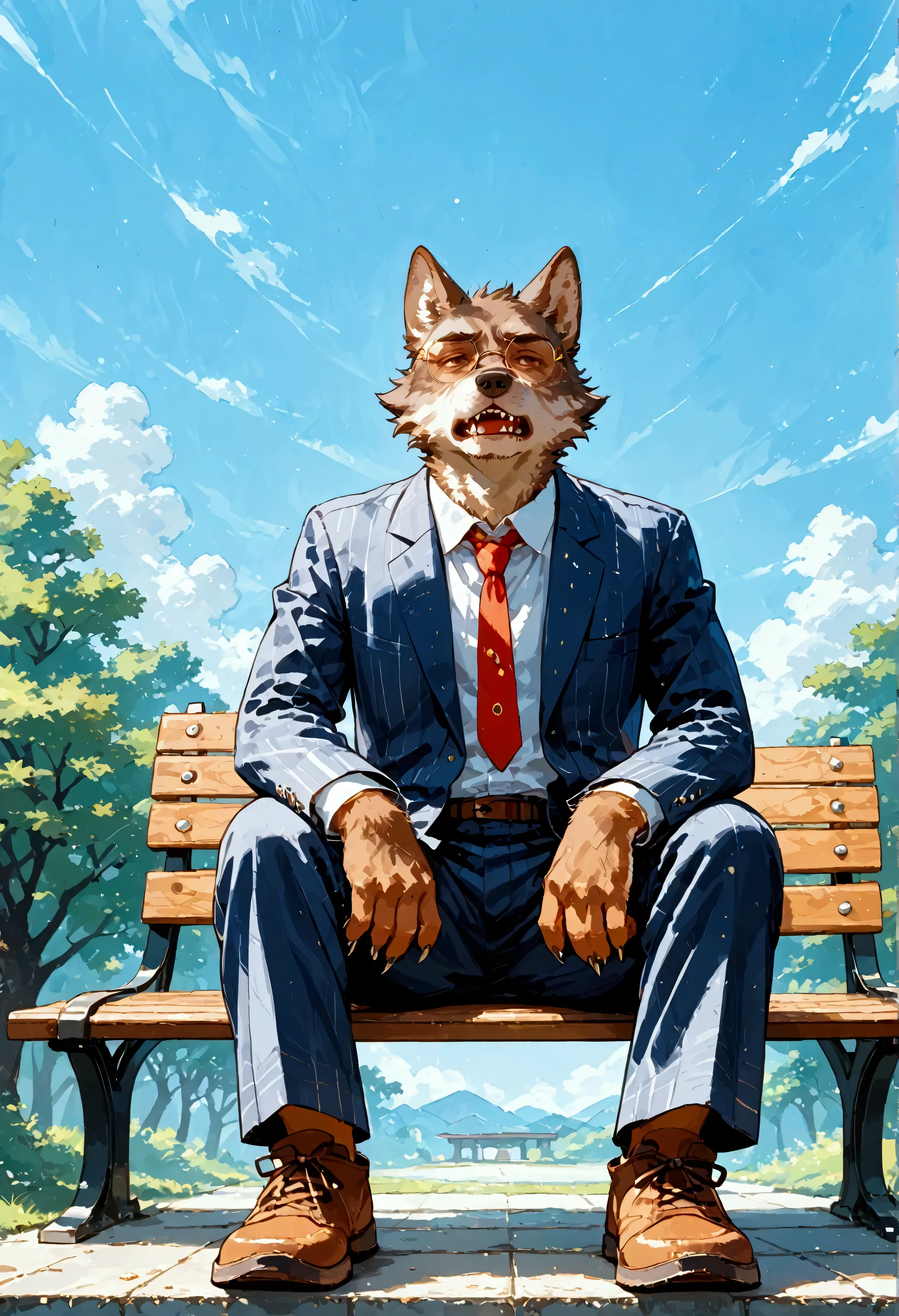 
(solo:1.3),1boy\((wolf:1.4),(kemono),(furry),(old:1.3),bald head, tired,worn-out suit, businessman, glasses,fangs,sharp teeth,sharp nails, eating lunch. at the bench, in a park, solitude,full body\).The park is a nice day and many people playing. score_9, score_8_up, score_7_up, score_6_up, score_5_up, score_4_up, source_anime,source_furry,rating_safe,rating_questionable,masterpiece, best quality, perfect anatomy , very aesthetic , absurdres,landscape,(long shot:1.3)