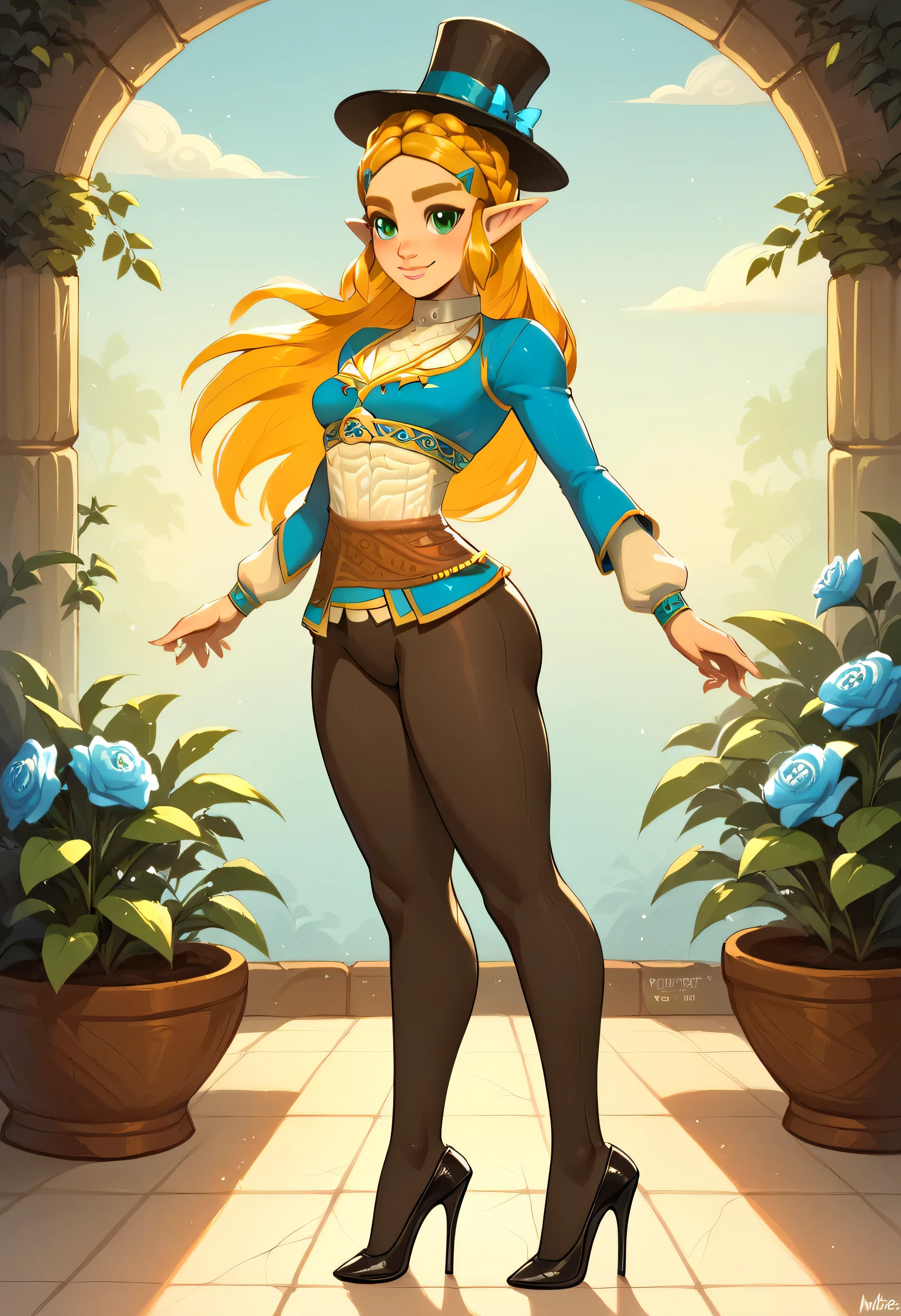 Princess Zelda from Breath of the Wild, standing up, full body, black Mary Jane tap heels, with white socks, smiling seductively, tight brown leggings, while tap dancing seductively, woad square board on the floor, garden background, black top hat on her head, black cane to tap dance with