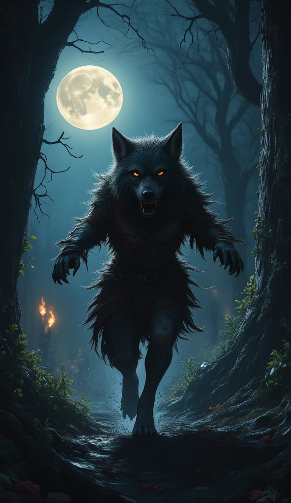 (masterpiece:1.2, best quality), 1lady, solo, female werewolf, torn clothes, wounded, running away from Hunters, midnight, full moon, masterpiece, detailed, Immersive fantasy background of Dark forest, midjourneyv6.1