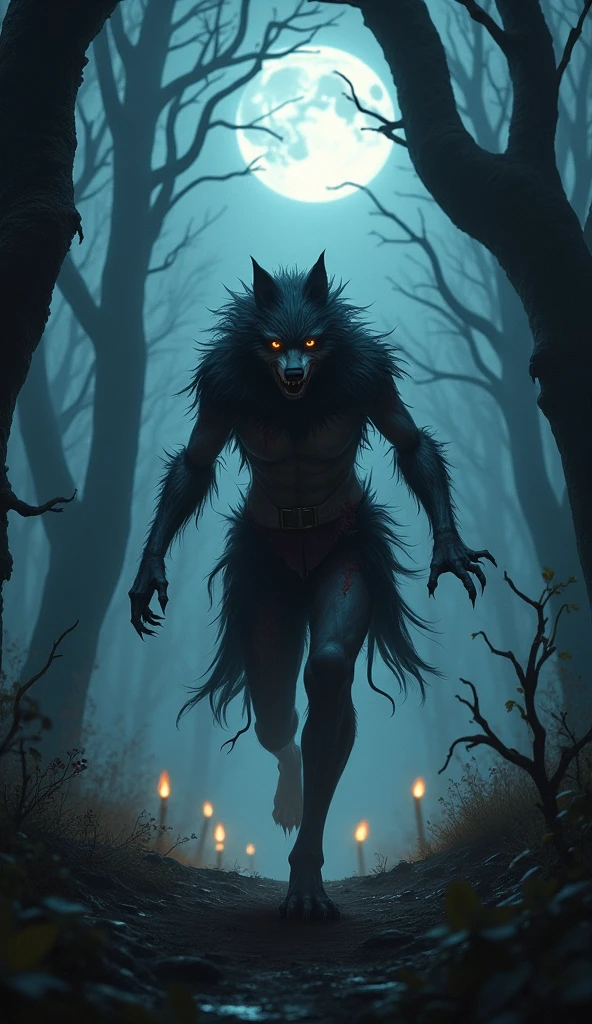 (masterpiece:1.2, best quality), 1lady, solo, female werewolf, torn clothes, wounded, running away from Hunters, midnight, full moon, masterpiece, detailed, Immersive fantasy background of Dark forest, midjourneyv6.1