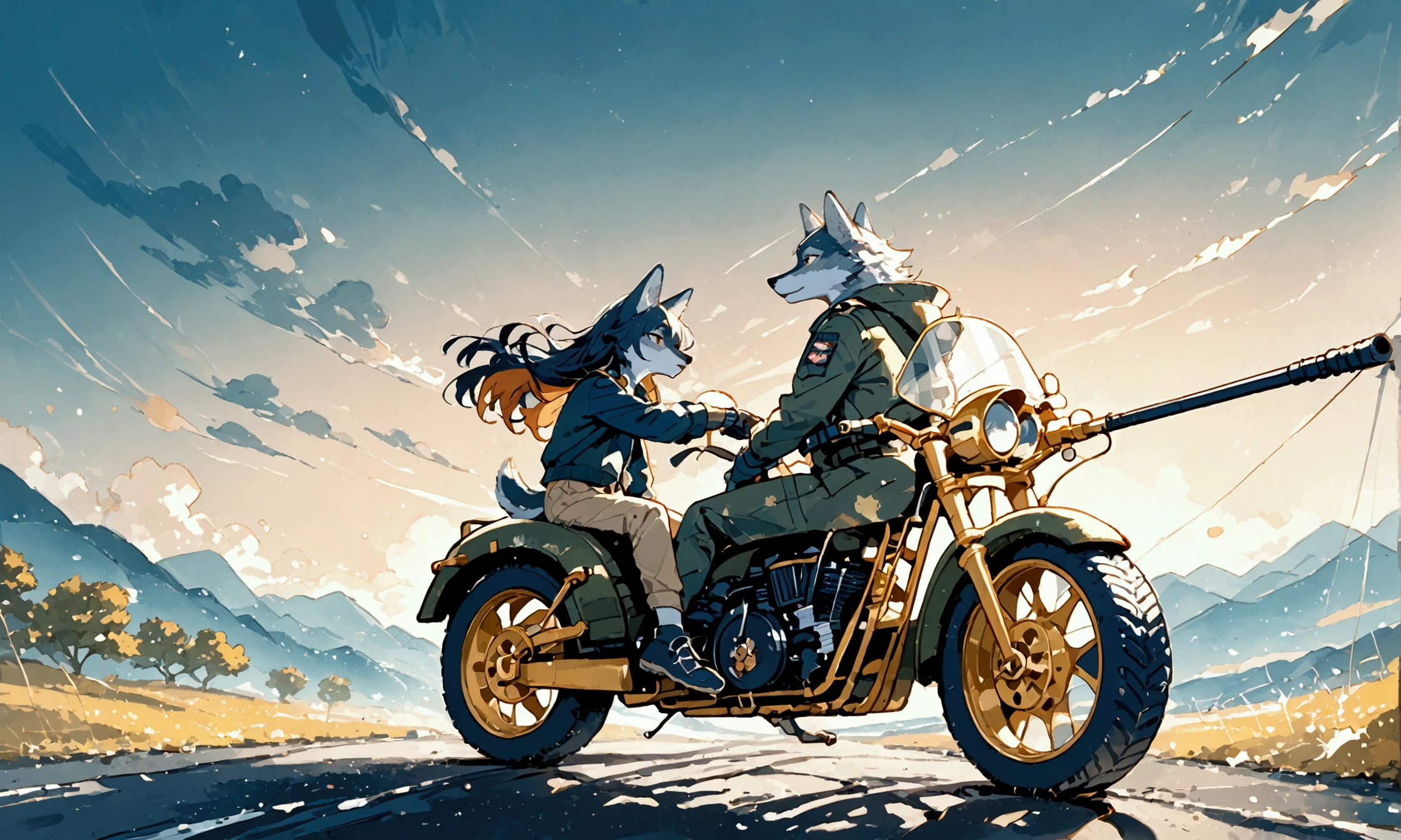 (couple of wolves),1boy\((wolf:1.4),(kemono),(furry),(old:1.3),(driving army combat bike)\),1girl1boy\((wolf:1.4),(kemono),(furry),breast,shooting a gun at sidecar\),.dynamic angle,dynamic blur,great action,full body. score_9, score_8_up, score_7_up, score_6_up, score_5_up, score_4_up, source_anime,source_furry,rating_safe,rating_questionable,masterpiece, best quality, perfect anatomy , very aesthetic , absurdres,landscape