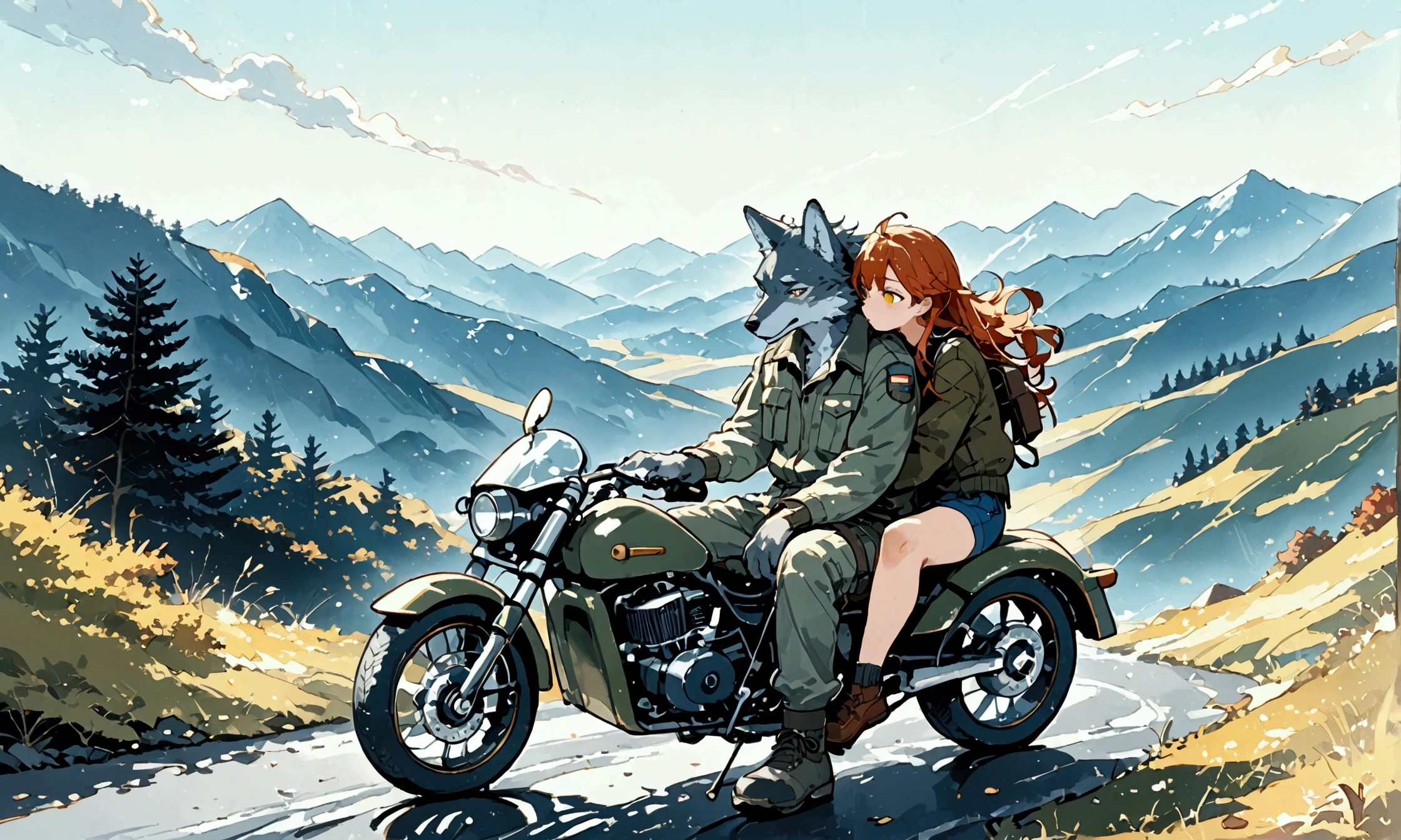 (couple of wolves),1boy\((wolf:1.4),(kemono),(furry),(old:1.3),(driving army combat bike)\),1girl1boy\((wolf:1.4),(kemono),(furry),breast,shooting a gun at sidecar\),.dynamic angle,dynamic blur,great action,full body. score_9, score_8_up, score_7_up, score_6_up, score_5_up, score_4_up, source_anime,source_furry,rating_safe,rating_questionable,masterpiece, best quality, perfect anatomy , very aesthetic , absurdres,landscape