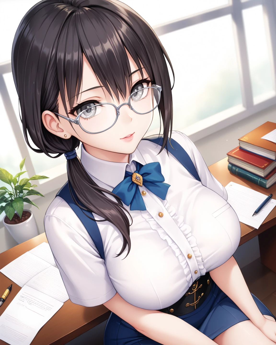  Masterpiece, 1 Guild Receptionist ,　pen:1.5 ,((Guild Receptionist Uniform:1.4)), Corset Vest ,,Silver glasses,Height: 165cm, beautiful body line ,Big Breasts,((Woman with dark hair and low ponytail on her shoulders :1.4)), gray eyes,A woman with a beautiful and kind face,Sitting on a chair, facing a desk, doing paperwork,View from above at an angle,