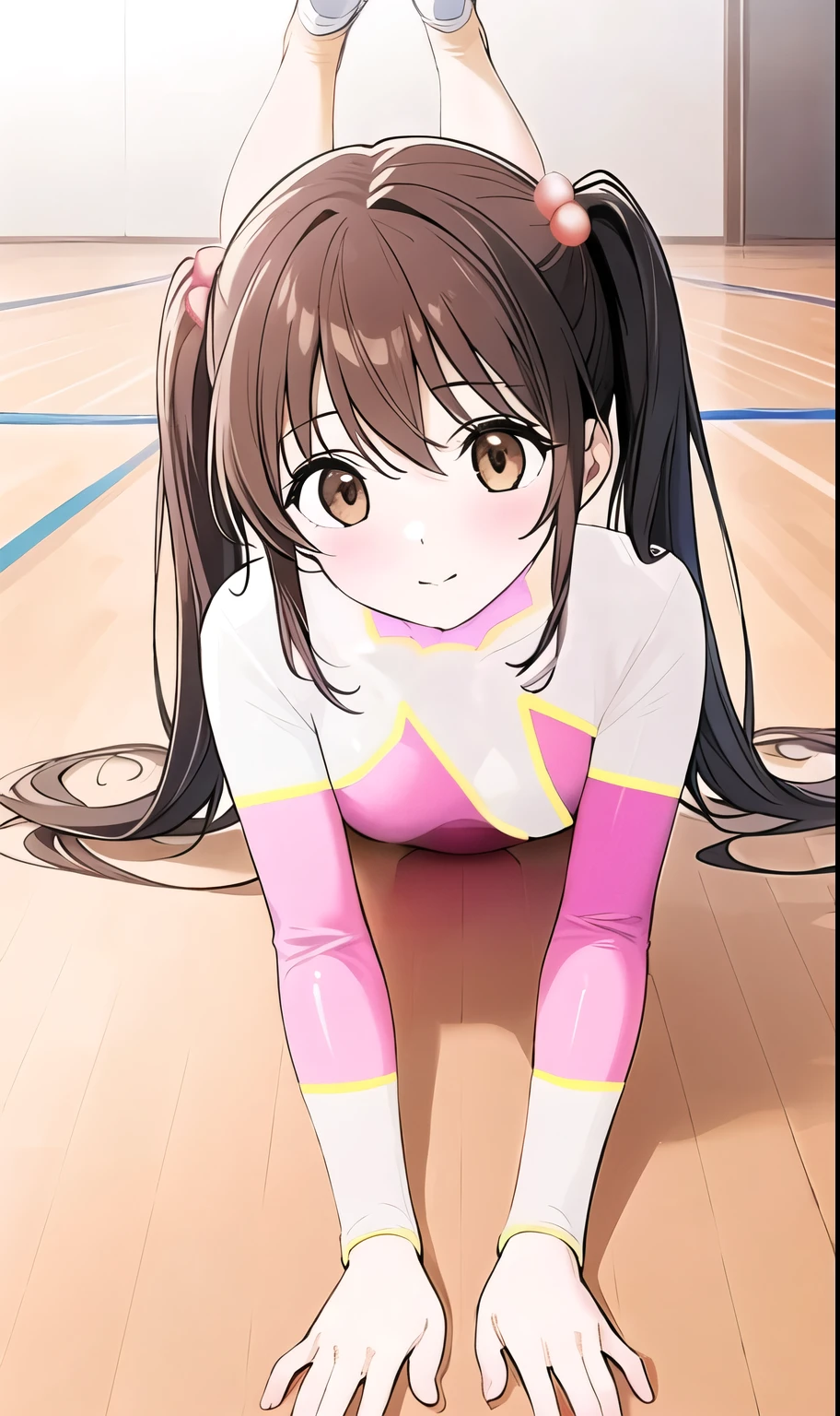 a cartoon girl is laying on the floor with a volleyball on top of her bare  legs, 1girl, solo, pink leotard, leotard, wooden floor, ball, twintails, lying, smile, athletic leotard, brown eyes, gymnastics, black hair, looking at viewer, open mouth, on stomach, blush, scrunchie, ass, hair scrunchie