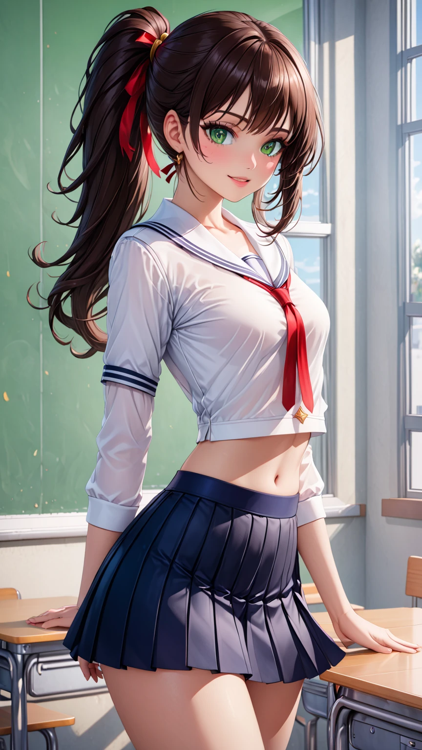 masterpiece, realistic detailed CG, 1lady, JK, detailed face, detailed green eyes, slightly smile, detailed semi-long hair, dark brown silky hair, forehead, sliced back hair, side ponytail, contrapposto, hands behind back, navel, Captivating thighs, knee, classroom, (sheer crop top white shirt), sailor suit, pleated skirt, red ribbon tie