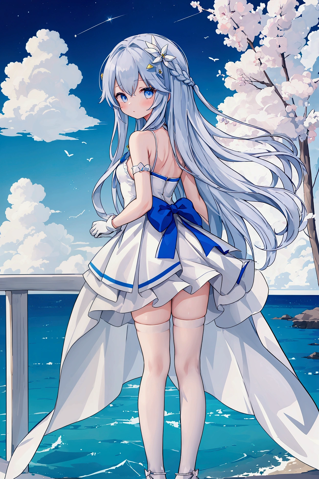 (( top quality))、((Masterpiece))、((1girl))、solo、ferry、(( long hair on background))、ferryベース、(Thigh height))、 shoulder out、(gem))、( sleeveless))、 white dress、 blue skirt、(gloves))、Thigh height、 from behind。