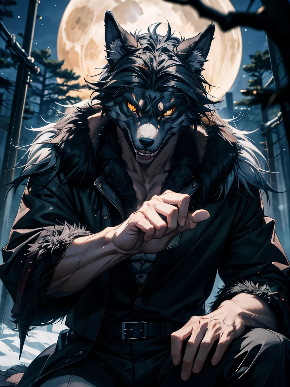 午後の陽光に照らされたハンサムなWerewolf、Highly detailed face and eyes、Beautiful fur、 dynamic pose 、 Realistic 3D Rendering 、 movie-like lights、 photorealistic、8k、 Award-winning Digital Art ,  cinematic composition,  digital painting ,  Calm Color Palette , Warm tones, Very sophisticated, Grey Hair,  orange eyes , Away from the camera,  anatomically accurate , Werewolf、詳細なWerewolfの顔と体、 sharp fangs、 Glowing Yellow Eyes 、Clawed Hand、Fur covering the body、Forest Background、 moonlight、 detailed fur texture 、 very detailed 、 movie-like lights、Dark Ambient Colors 、Dramatic Shadows、 Real As Pictured 