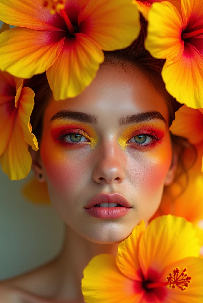 A woman with a yellow, red, and orange hibiscus flower inspired makeup