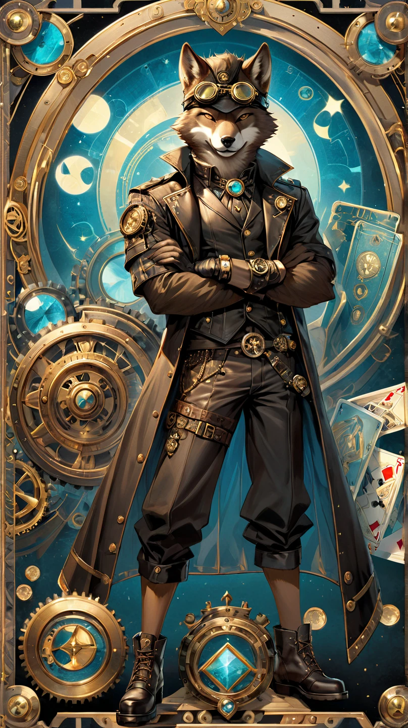 (Masterpiece, high quality, high resolution, 8k, detail), illustration with werewolf theme in steampunk fashion, cool pose with folded arms, confident expression and pose, dressed in black leather vest, brass accessories, steampunk goggles, full body, simple background, in retro-future Steampunk inspired border, tarot card style illustration