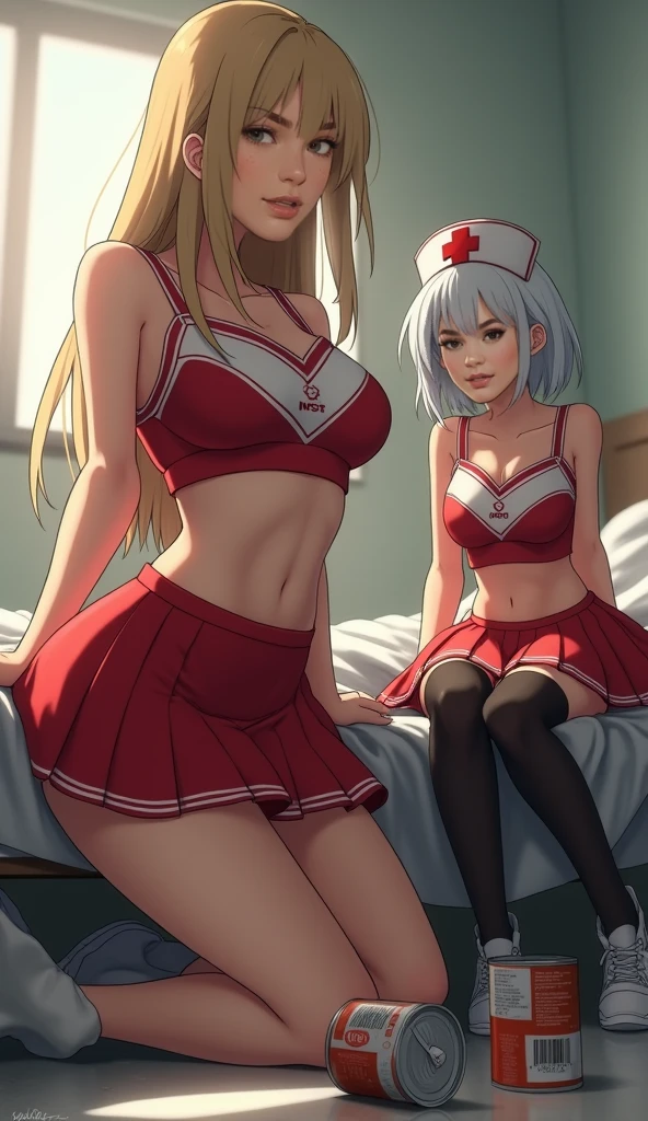 masterpiece, best quality, long hair, medium breast, cleavage, navel, slim legs, morgan fate blonde hair, nurse, happy, short skirt, mature women, standing, bedroom