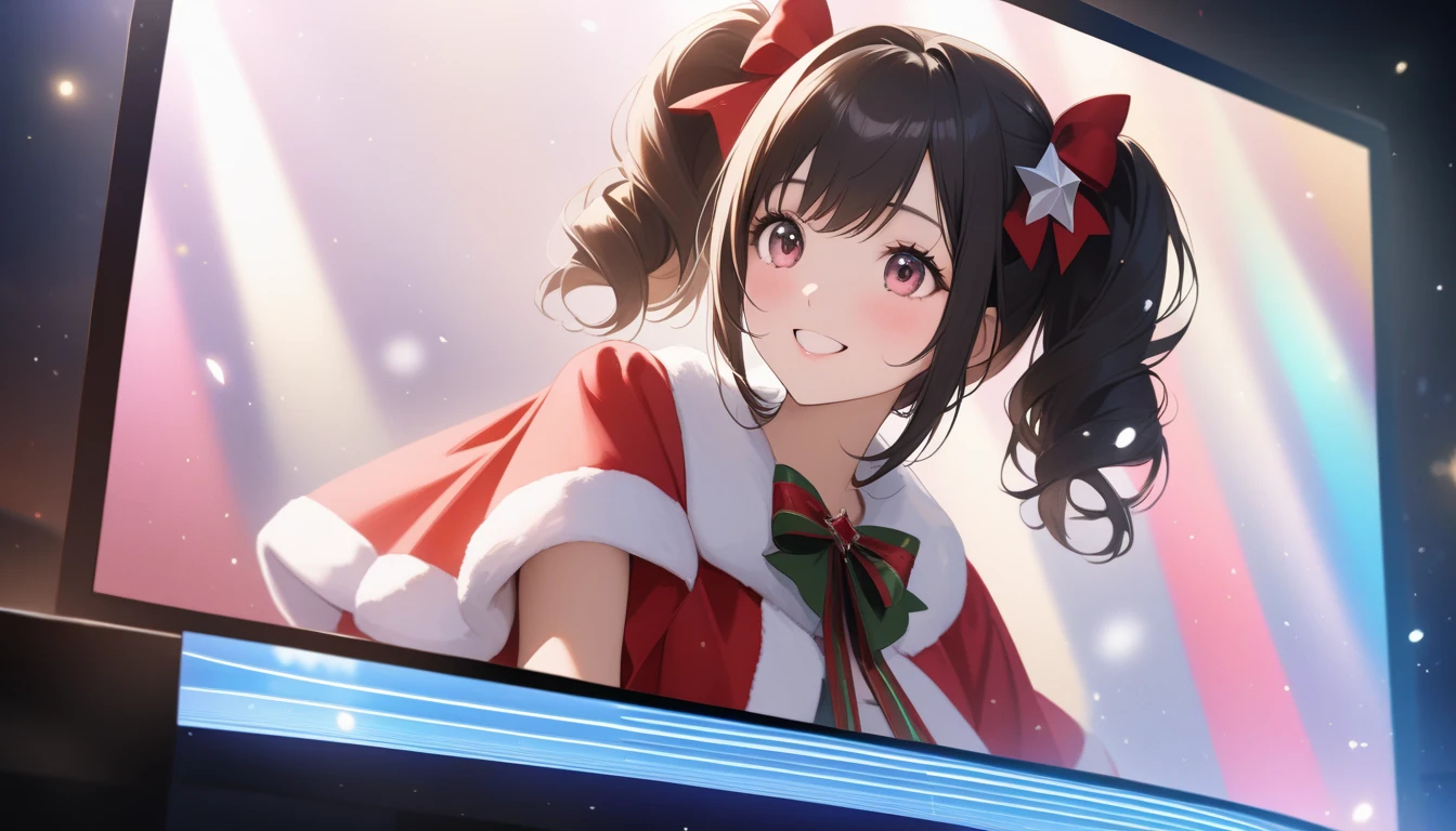  A scene where a beautiful girl idol singing on a Christmas stage is depicted all over the screen。 wearing a Santa cosplay based on red and white 、 Twin Tail Hairstyle 、 big eyes on left jaw、 bright smile next to the gorilla。 colorful stage lights and effects of snow dancing around the girl 。 has a black frame on the outside of the screen 、 it looks like a design that imitates a monitor 。How the idol sings 、 is structured as if looking at a modern PC screen 。 super high resolution 、Realistic depiction down to the smallest detail。