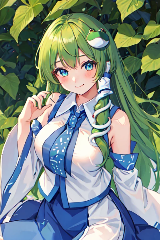 best quality, masterpiece, highres, solo, {kochiya_sanae_touhou:1.15}, green_hair, long_hair, hair_ornament, frog_hair_ornament, snake_hair_ornament, hair_tubes, blush, bangs, breasts, smile, green_eyes, upper_body, blue_eyes, 1girl, detached_sleeves, looking_at_viewer, shirt, white_shirt, collared_shirt, bare_shoulders, closed_mouth, blue_skirt, nontraditional_miko, skirt, sleeveless, sleeveless_shirt, wide_sleeves