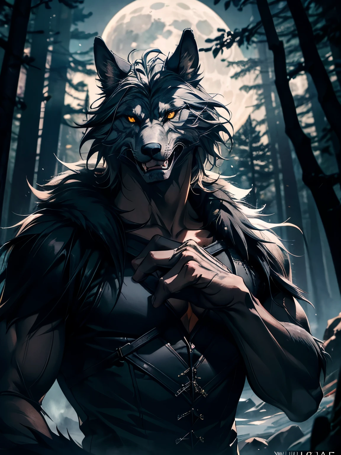 close up, furry, anthro, giant werewolf,wolf ears,wolf tail, dark grey and white fur, messy fur, neck floof, yellow glowing eyes, razor sharp teeth, sabertooth, long sabertooth, muscular body, handsome, monstrous, posing in a forest, daytime, alone, wearing a white baggy tank top, black denim shorts, bulge, body covered in scars, pawpads, black pawpads, best quality, 4K, UHD, masterpiece,