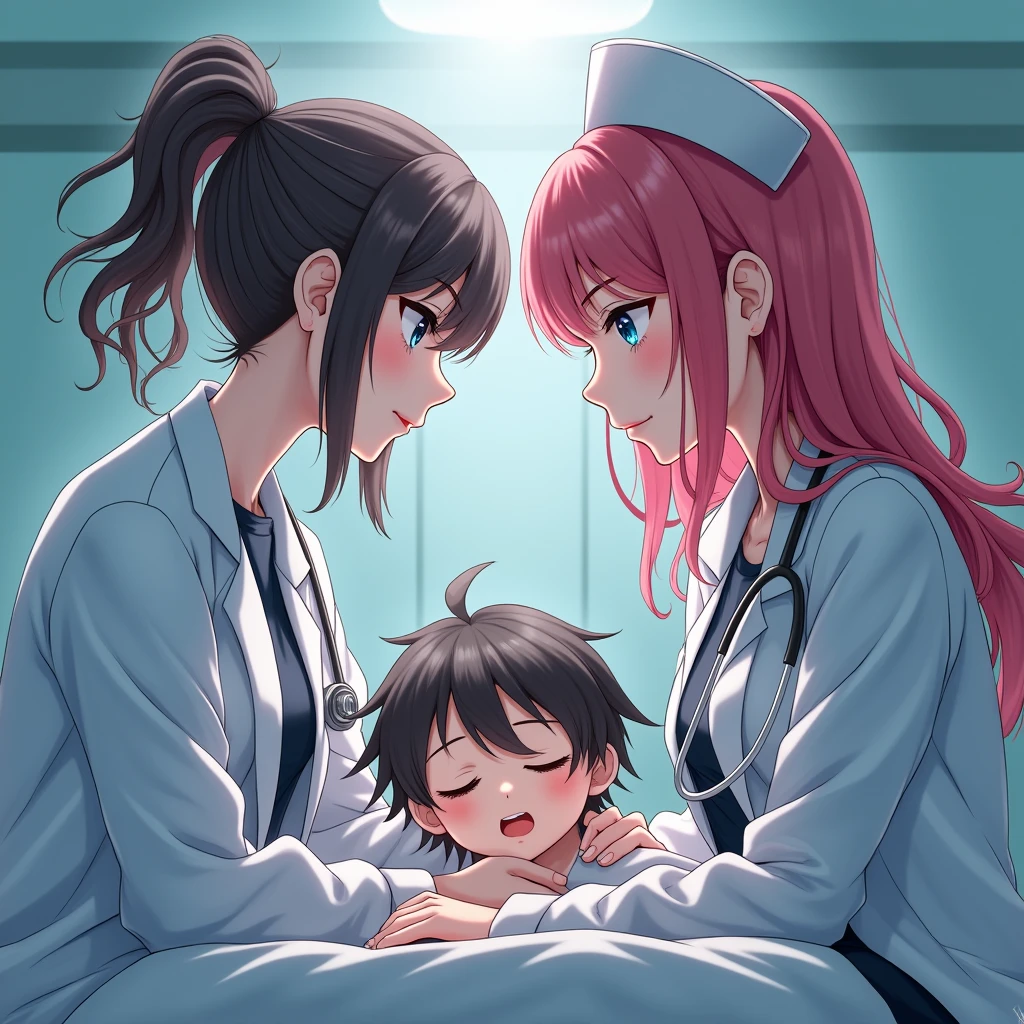 Anime of a man and a woman being a couple of Nurses