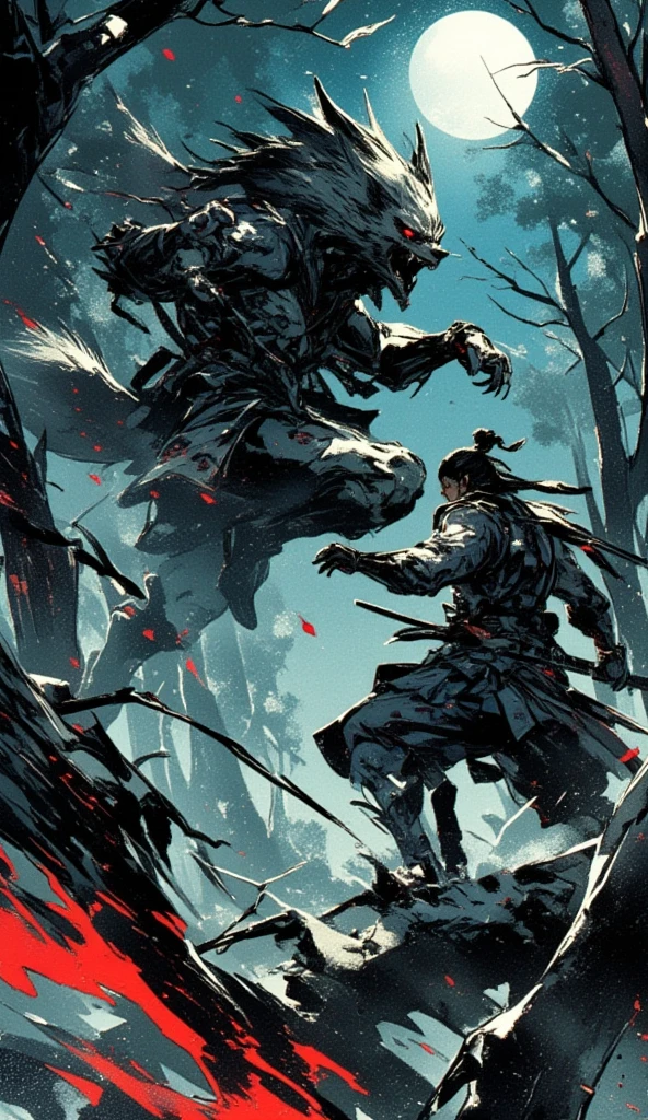 A samurai with a katana fights a giant werewolf in the forest. The samurai's back is facing the viewer, while the giant werewolf can be seen jumping high in the air above the samurai, with its claws swiping down. The glaring red trail of its claws swipe is visible. Some trees have claw marks and are chopped down from the fight. Up in the sky, the full moon shines brightly from afar. 