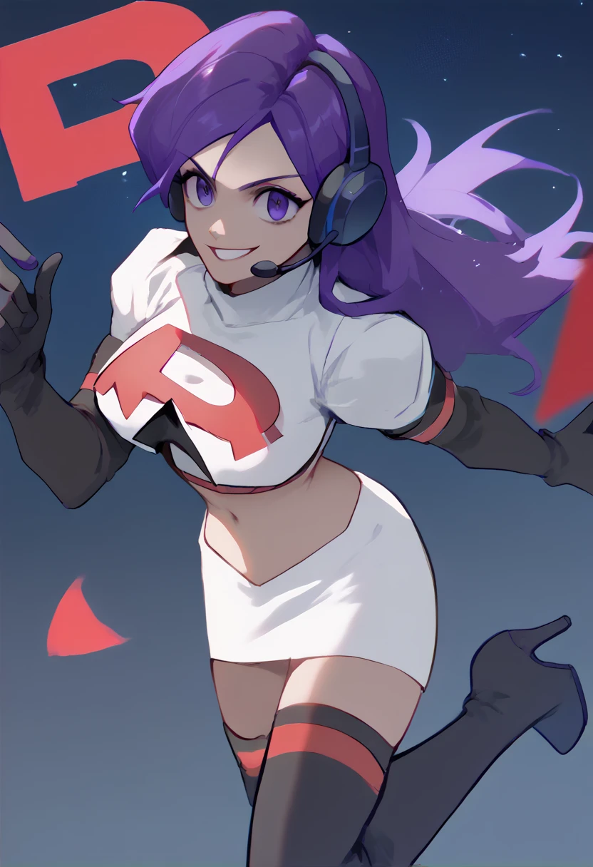 Team rocket, team rocket uniform, red letter R, white skirt,white crop top,black thigh-high boots, black elbow gloves, evil smile, night sky background, headset, large breasts, high-heeled boots, Shez, purple hair