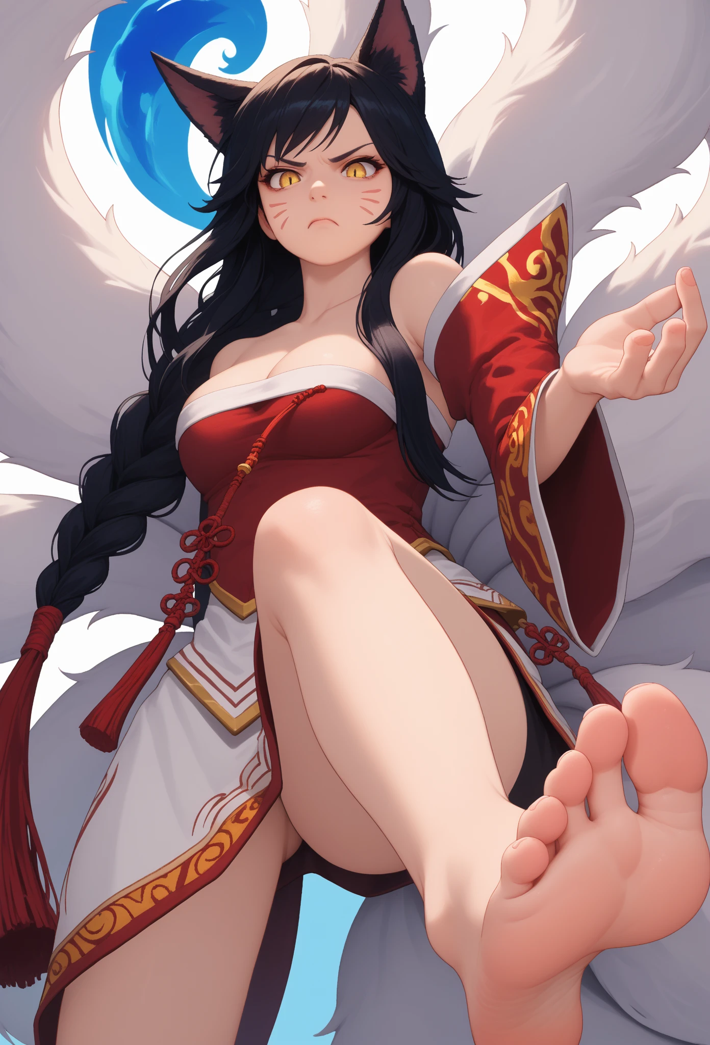 score_9, score_8_up, score_7_up, ahridefault, slit pupils, animal ears, facial mark, fox tail, multiple tails, long hair, single braid, black hair, yellow eyes, large breasts, korean clothes, collarbone, bare shoulders, cleavage, detached sleeves, solo,  dynamic pose, looking down at you，Close-up of the soles of the feet，Expose the soles of your feet，scowling，4k, correct foot anatomy